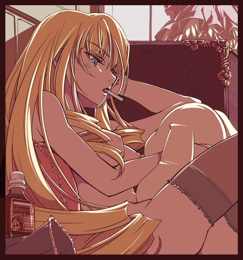 blonde_hair blue_eyes bottomless breasts cigarette drill_hair frilled_legwear frilled_thighhighs frills kun-kun kunkun long_hair nipples no_panties nude pillow plushie recycling rozen_maiden sasa_ichi shinku sitting smoking stuffed_animal stuffed_toy tear thighhighs topless