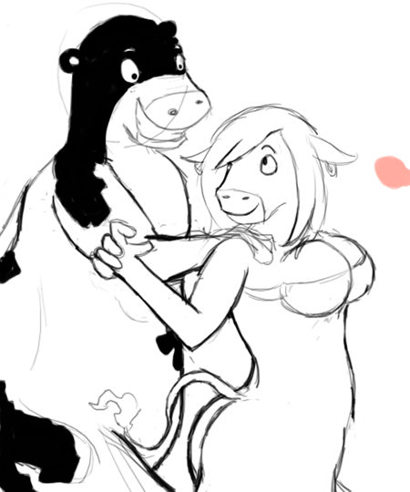 1boy 1girls abby_(back_at_the_barnyard) anthro back_at_the_barnyard barnyard bovine bovine_humanoid breasts cleavage female male monochrome otis_(back_at_the_barnyard) tagme