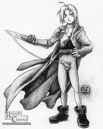 automail boots bottomless cloak crosshatching cum cum_string edward_elric erect_penis exposed_nipple fight_boner footwear front_view frown fullmetal_alchemist hand_on_hip holding_weapon human male male_only monochrome penis rough_canvas scar solo standing tagme torn_clothing uncut