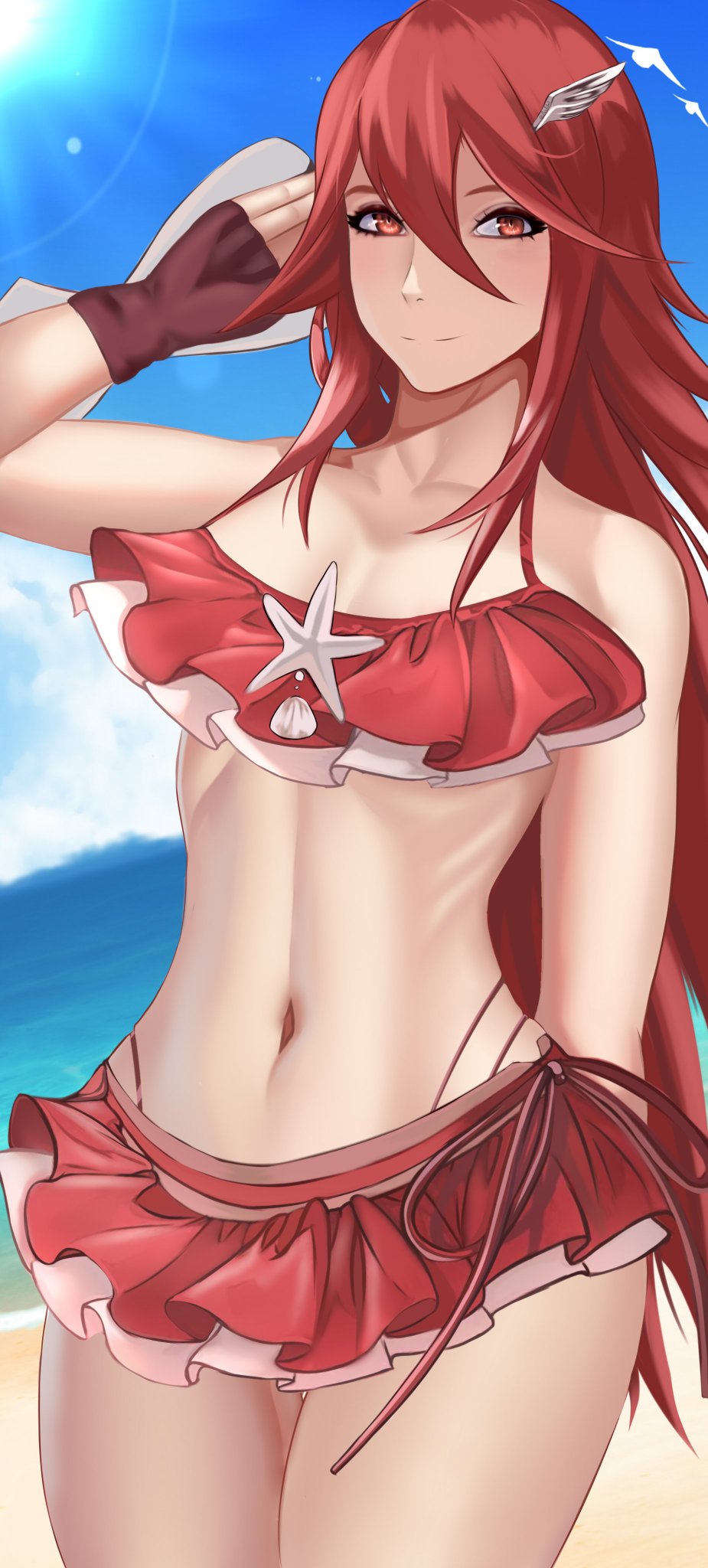 1girls alternate_costume arcedo bare_arms bare_legs bare_shoulders beach bikini bikini_skirt breasts cordelia_(fire_emblem) cordelia_(summer)_(fire_emblem) female fingerless_gloves fire_emblem fire_emblem_awakening fire_emblem_heroes gloves hair_between_eyes hair_ornament long_hair looking_at_viewer medium_breasts midriff nintendo ocean official_alternate_costume outdoors red_bikini red_eyes red_hair red_swimsuit smile solo sunlight swimsuit thighs very_long_hair wide_hips