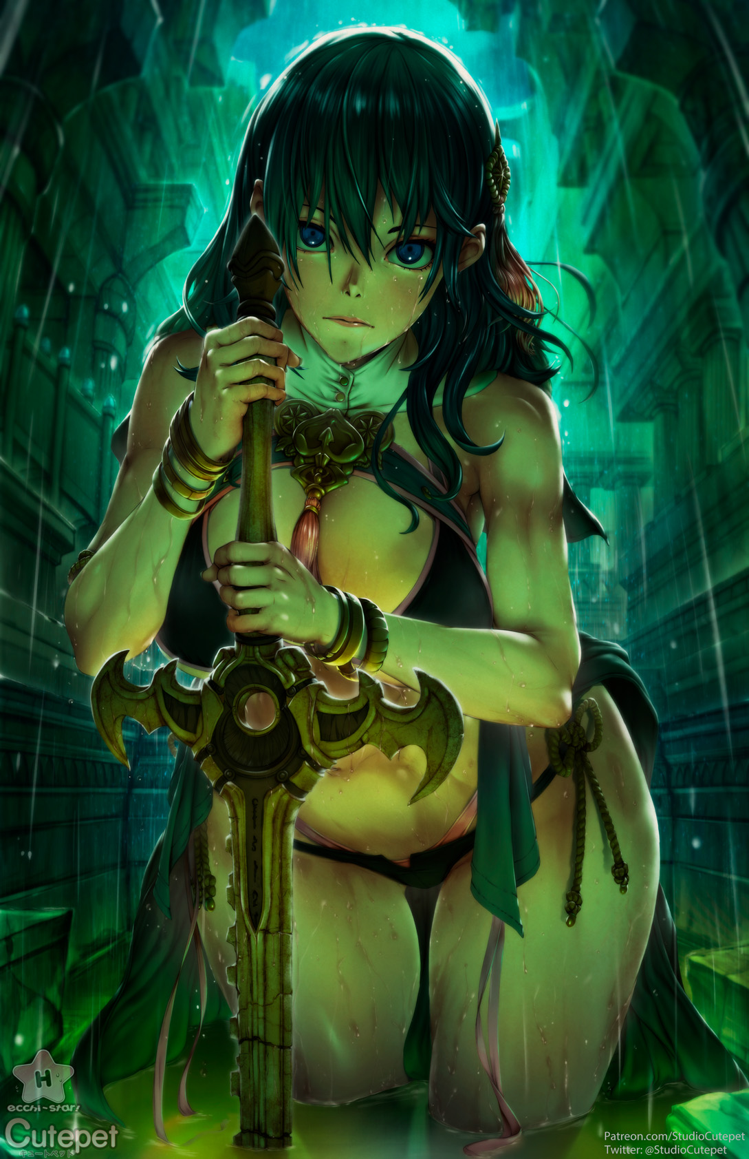 1girls, bare legs, black panties, blue eyes, bra, breasts, byleth (fire emblem), byleth (fire emblem) (female), cleavage, curvy, cutepet, female, fire emblem, fire emblem: three houses, huge breasts, large breasts, looking at viewer, nintendo, panties, partially submerged, solo, sword, teal hair, thick thighs, thighs, underwear, underwear only, voluptuous, water, weapon, wet, wet body