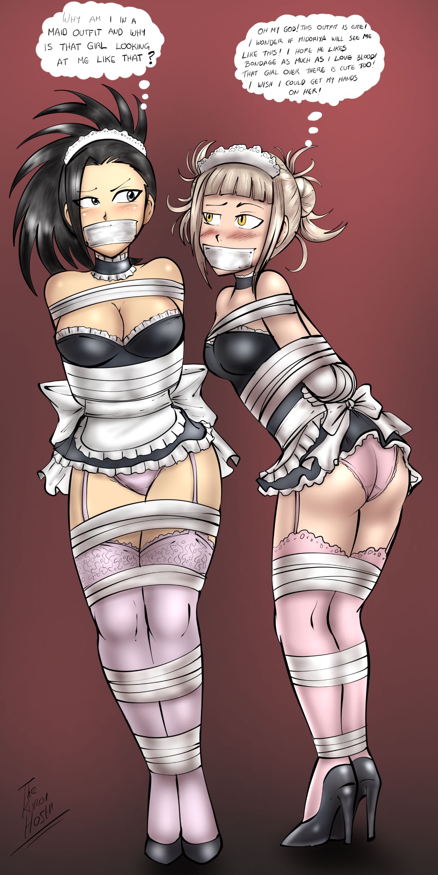 2girls, arms behind back, big breasts, black hair, black-haired female, blonde hair, blonde-haired female, blush, bondage, breasts, choker, dakuroihoshi, drawing, female, female only, femsub, fenrilhuayra, gag, gagged, high heels, himiko toga, maid, maid apron, maid headdress, maid outfit, maid uniform, momo yaoyorozu, multiple females, multiple girls, multiple subs, my hero academia, panties, rope, short skirt, tagme, tape, tape bondage, tape gag, taped mouth, tied up