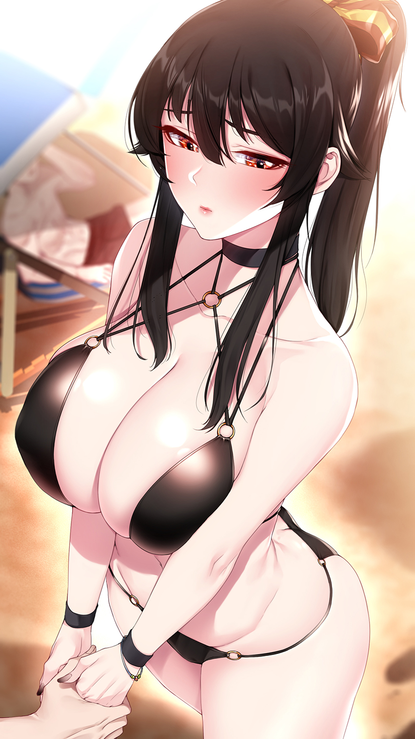 1girls, 2020, 2boys, akchu, beach, bikini, black hair, black nails, blurry, blurry background, blush, bow, bracelet, breast squeeze, breasts, chobi (akchu), choker, cleavage, couple, embarrassed, female, hair between eyes, hair ribbon, half-closed eyes, highres, holding hands, jewelry, large breasts, lips, long hair, long ponytail, looking away, male, multiple boys, multiple males, nail polish, navel, o-ring, o-ring bikini, offscreen character, original, ponytail, red eyes, ribbon, sand, sidelocks, sitting, standing, string bikini, sunlight, swim trunks, swimsuit, swimwear, thick thighs, thighs, topless, v arms, wristband