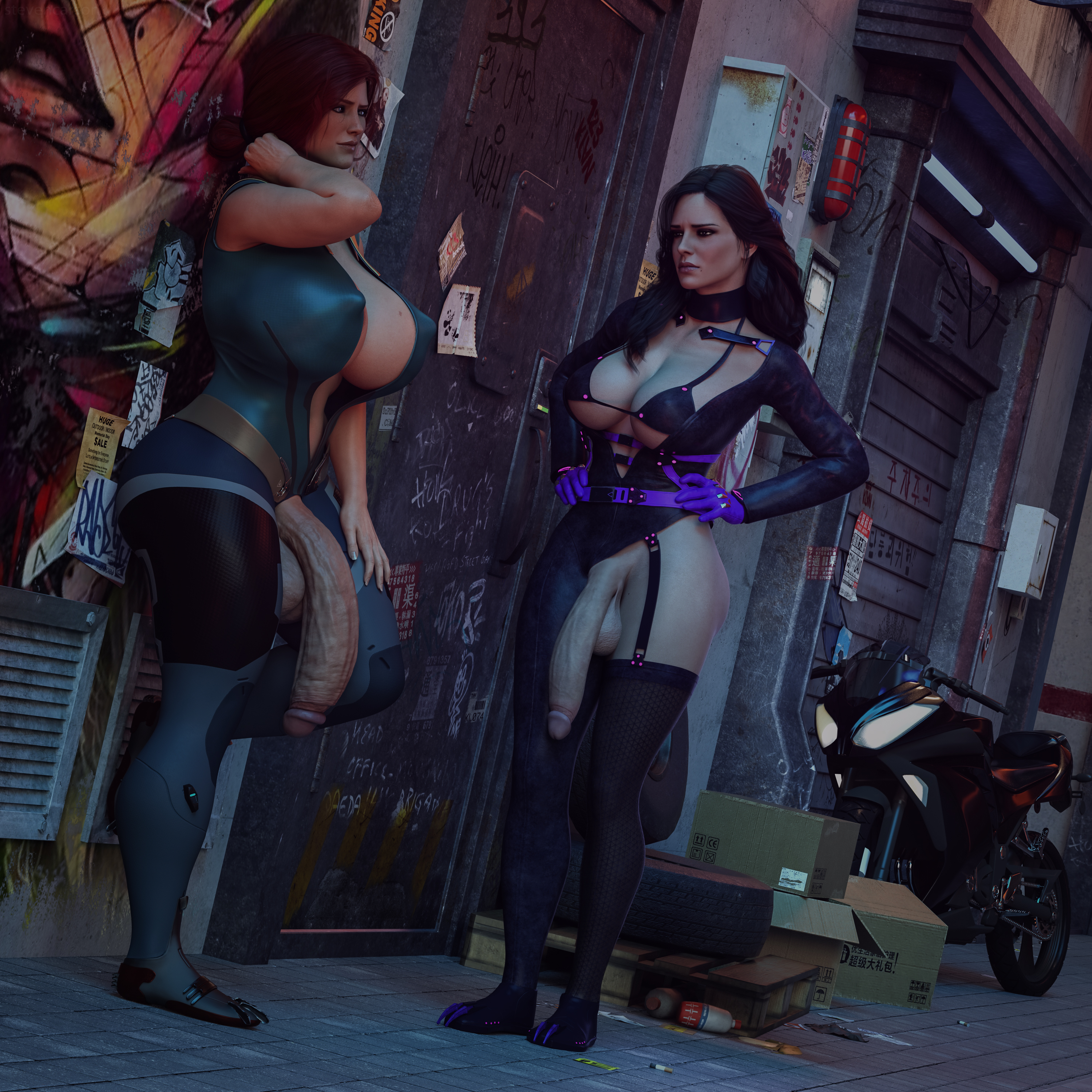 2futas, 3d, absurdres, balls, breasts, casual boner, casual exposure, casual nudity, cd projekt red, cleavage, crotchless, curvy, erect nipples, flaccid, futa only, futa with futa, futanari, highres, huge balls, huge breasts, huge cock, hyper, hyper penis, intersex, large balls, large breasts, nipple bulge, nipples, penis, penis out, realistic, stevencarson, the witcher, the witcher (series), the witcher 2, the witcher 3: wild hunt, triss merigold, wide hips, yennefer