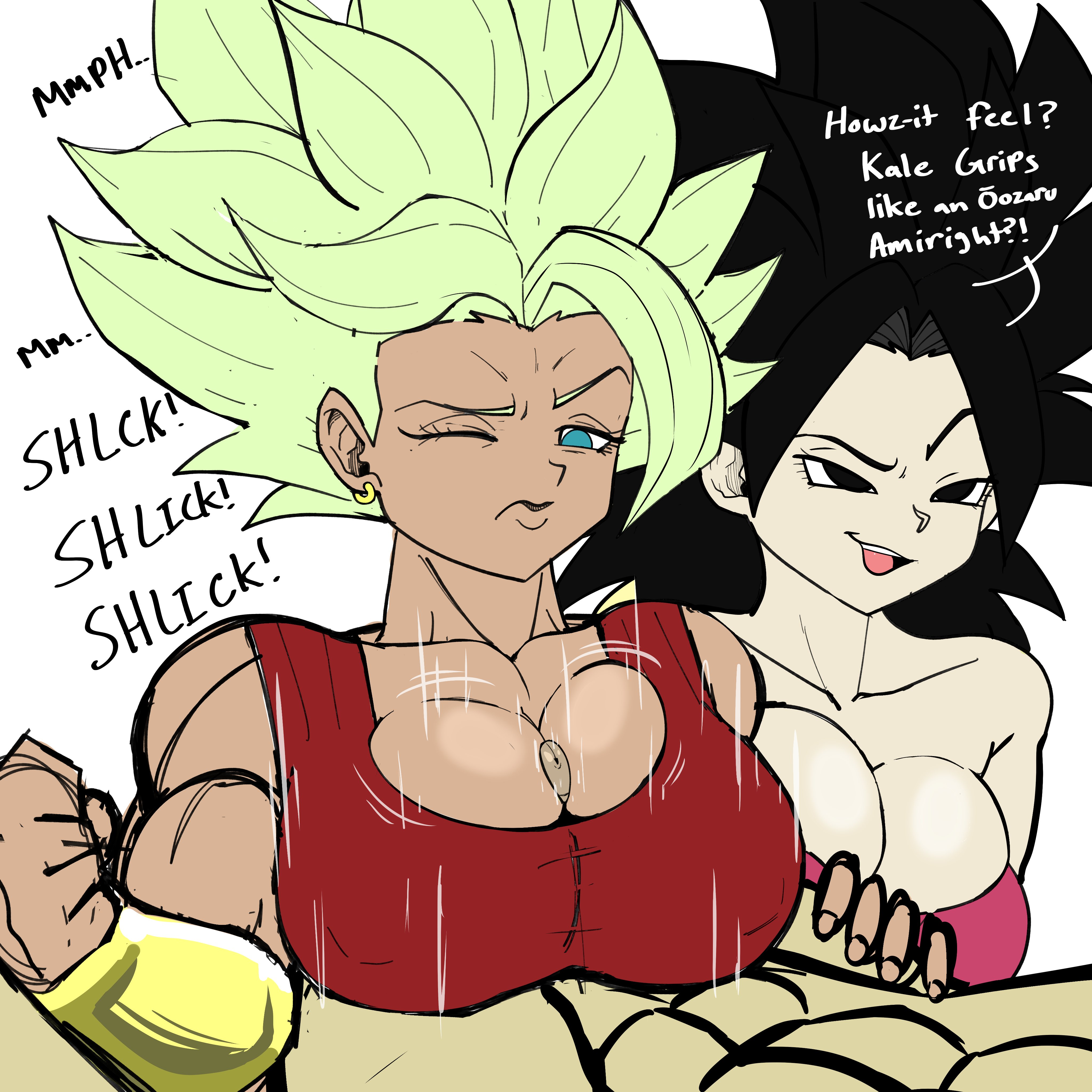 1boy, 2girls, big breasts, breasts, breasts bigger than head, caulifla, dark skin, dark-skinned female, dragon ball, dragon ball super, english text, female, green hair, huge breasts, kale, kale (berserker), legendary super saiyan, light skin, light-skinned female, male, multiple females, multiple girls, muscular, muscular female, naughty face, nipples, paizuri, pseudocel, rough sex, saiyan, seductive, seductive smile, short hair, smile, spiky hair, straight, super saiyan, super saiyan 2, text, threesome, titfuck, titjob, tomboy, universe 6 saiyan/universe 7 saiyan, universe 6/universe 7