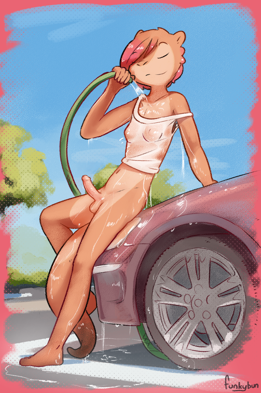 1futa anthro areolae balls blush bottomless breasts car car_wash cassandra_(funkybun) clothed clothing erect_nipples erection foreskin funkybun furry futa_only futa_sans_pussy futanari genitals hi_res hose intersex lutrine mammal mustelid nipple_bulge nipples parking_lot penis public small_breasts solo vehicle water wet wet_clothing