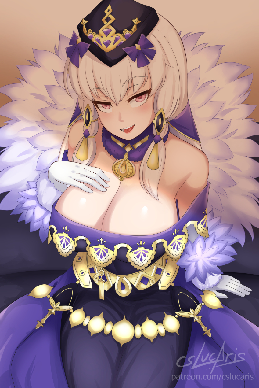 1girls, alternate breast size, breasts, cleavage, cslucaris, dress, female, fire emblem, fire emblem heroes, fire emblem: three houses, fur trim, gloves, hair ornament, hat, highres, huge breasts, large breasts, long hair, lysithea von ordelia, lysithea von ordelia (earnest seeker), nintendo, open mouth, pink eyes, seductive, seductive smile, sitting, solo, watermark, web address, white gloves, white hair