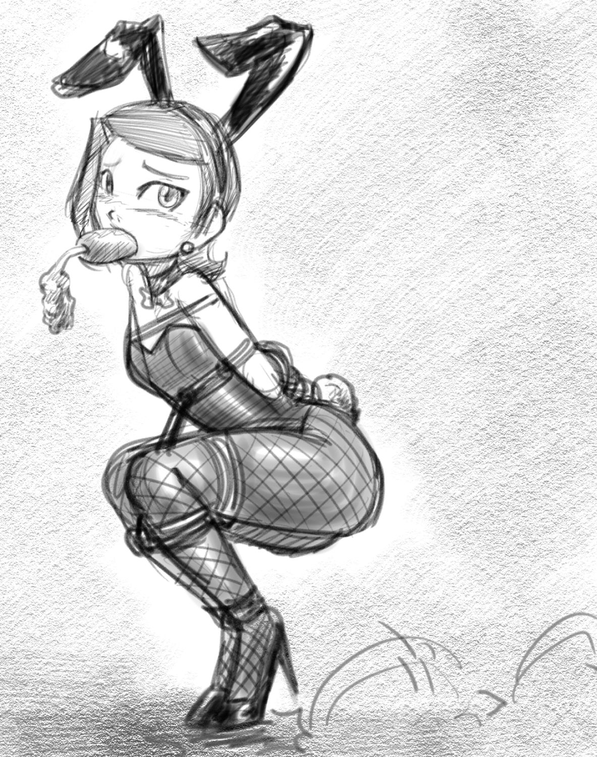 1girls, ben 10, black and white, bondage, bunny costume, bunny girl, bunnysuit, carrot, cartoon network, dakuroihoshi, drawing, female, fenrilhuayra, greyscale, gwen tennyson, monochrome, rough sketch