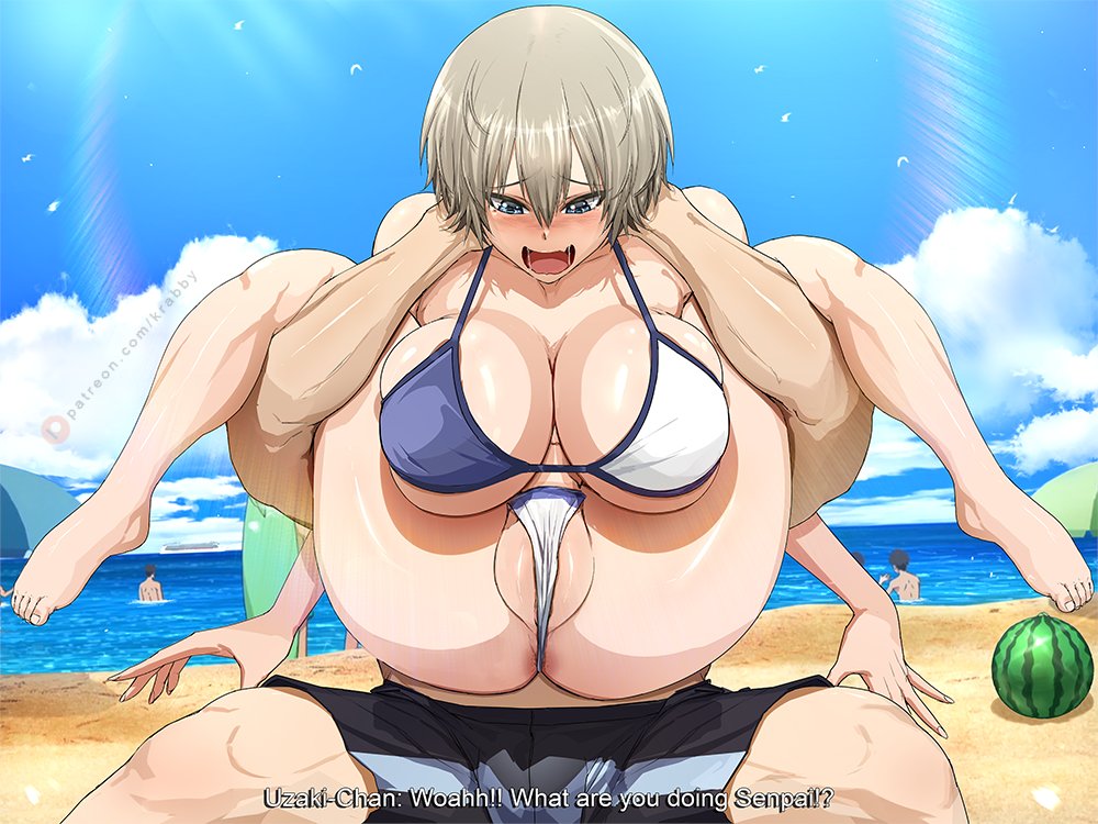 beach, big breasts, bikini, breasts, cameltoe, clothed female, clothed female nude male, feet, female, full nelson, imminent sex, krabby (artist), male, pussy, sakurai shinichi, short hair, straight, swimsuit, uzaki hana, uzaki-chan wa asobitai!, watermelon