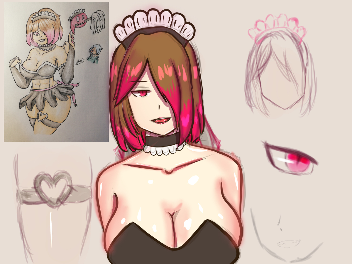 1girls, akumu (glitchtale), bete noire, breasts, choker, cleavage, digital media (artwork), female, glitchtale, hair over eye, hair over one eye, large breasts, maid, maid headdress, nipple slip, not paint, pink eyes, pink hair, pink highlights, short hair, sketch, slit pupils, smiling, undertale, undertale (series), undertale fanfiction, yazu (artist), yazuel aliel