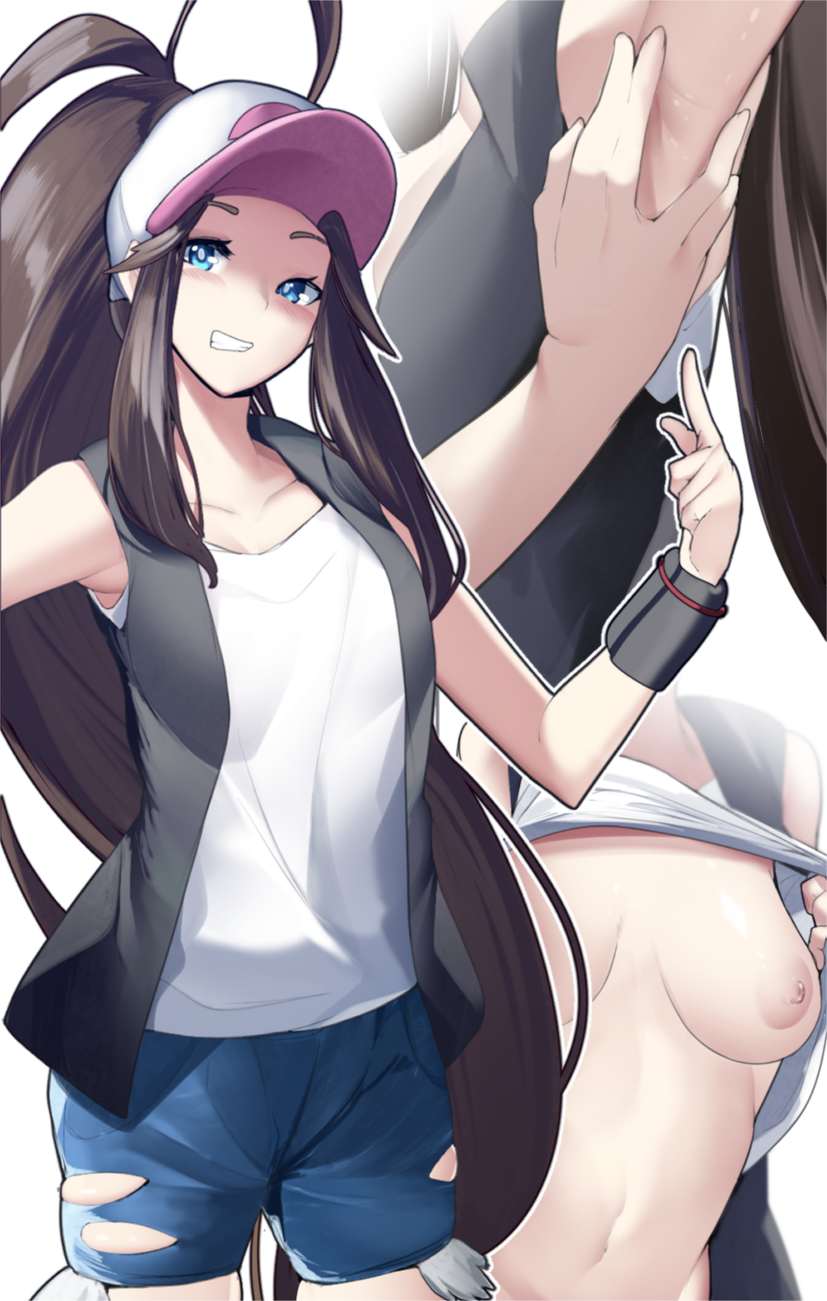1girls, areolae, armpits, blue eyes, brown hair, eye contact, female, hat, hilda (pokemon), light skin, light-skinned female, looking at viewer, nintendo, nipples, pale skin, pale-skinned female, pokemon, pokemon bw, ponytail, sha (amfil100), shirt lift, shorts, white background