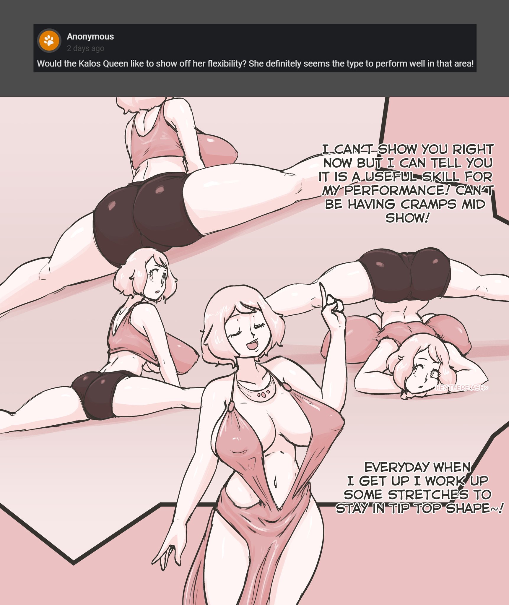 1girls, 2020, ask blog, ass, big breasts, booty shorts, breasts, cameltoe, closed eyes, dialogue, dress, english text, female, immortalstar, nintendo, olm (studio), open mouth, pink hair, pokemon, pokemon (anime), pokemon xy, pokemon xy (anime), pussy, serena (pokemon), short hair, solo, splits, sports bra, stretching, text, underboob, upside-down, upside-down splits, white skin