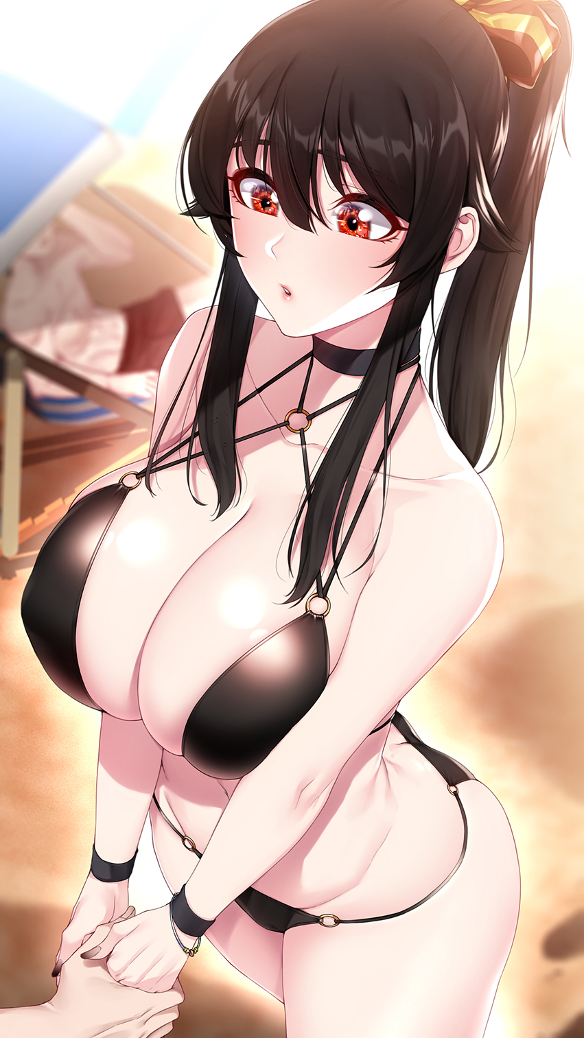 1girls, 2020, 2boys, akchu, beach, bikini, black hair, black nails, blurry, blurry background, bow, bracelet, breast squeeze, breasts, chobi (akchu), choker, cleavage, couple, female, hair between eyes, hair ribbon, highres, holding hands, jewelry, large breasts, lips, long hair, long ponytail, looking at another, male, multiple boys, multiple males, nail polish, navel, o-ring, o-ring bikini, offscreen character, open mouth, original, ponytail, red eyes, ribbon, sand, sidelocks, sitting, standing, string bikini, sunlight, swim trunks, swimsuit, swimwear, teeth, thick thighs, thighs, topless, v arms, wristband