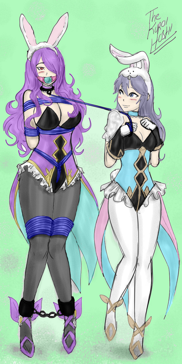 big breasts, blush, bondage, breasts, bunny ears, bunny girl, bunnysuit, camilla (fire emblem), cleavage, collar, cuffs, dakuroihoshi, drawing, easter, female, femdom, femsub, fenrilhuayra, fire emblem, fire emblem awakening, fire emblem fates, fire emblem heroes, gag, hair over one eye, hairbow, happy sub, large breasts, leash, lezdom, lucina (fire emblem), purple hair, rope, small dom big sub, smile, yuri