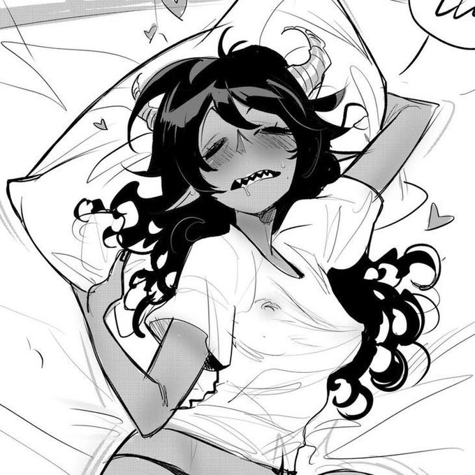 1girls, 2020, bed, black and white, black hair, blush, demon, demon girl, devil, drooling, female, horn, long hair, mirka andolfo, nipple bulge, nipples, paprika (mirka andolfo), sharp teeth, shirt, sleeping, sweet paprika