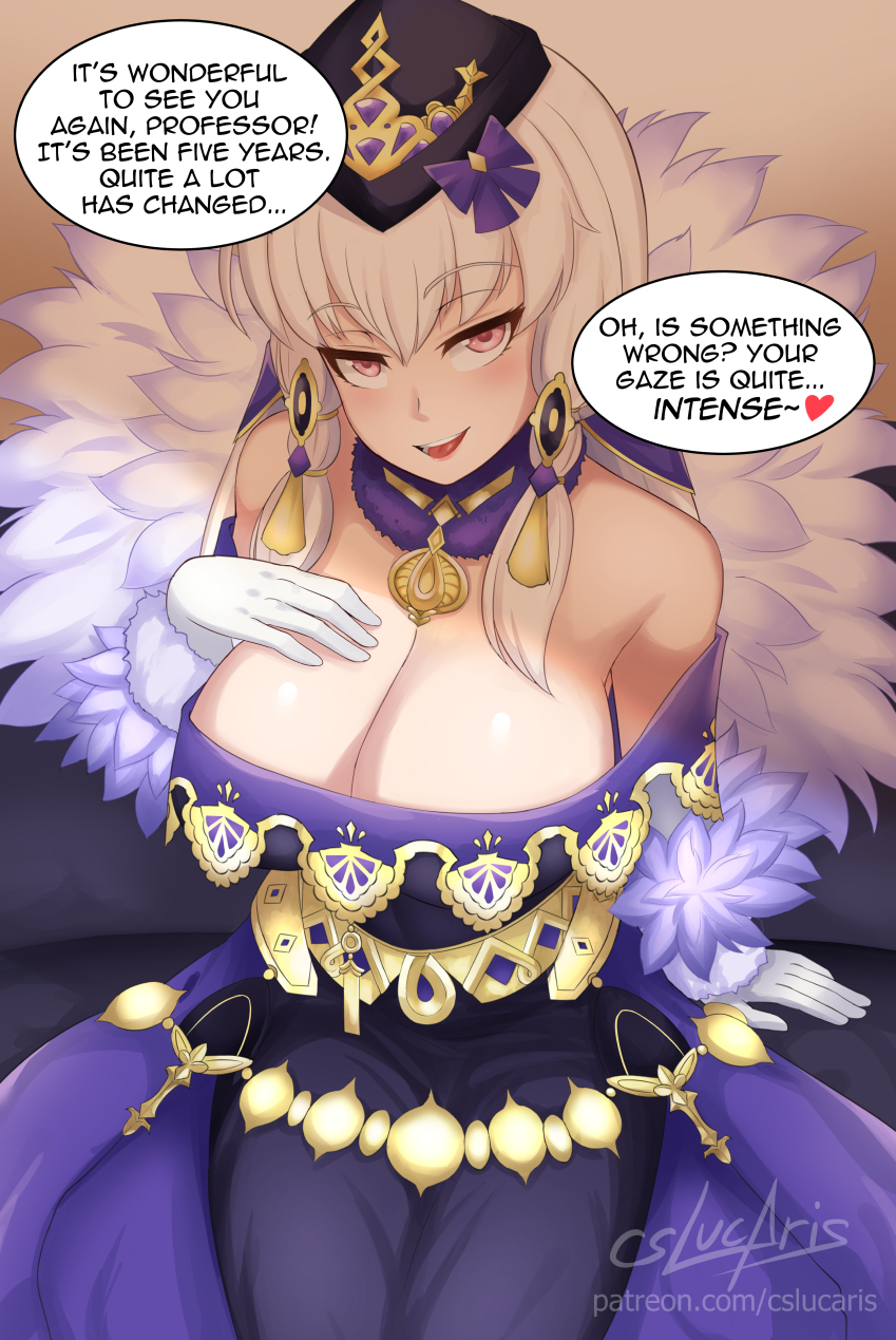 1girls, alternate breast size, big breasts, breasts, byleth (fire emblem), byleth (fire emblem) (male), cleavage, color, cslucaris, dialogue, dress, english text, female, fire emblem, fire emblem heroes, fire emblem: three houses, fur trim, gloves, hair ornament, hat, highres, huge breasts, large breasts, long hair, lysithea von ordelia, lysithea von ordelia (earnest seeker), male, nintendo, open mouth, pink eyes, seductive, seductive smile, sitting, solo, text, watermark, web address, white gloves, white hair
