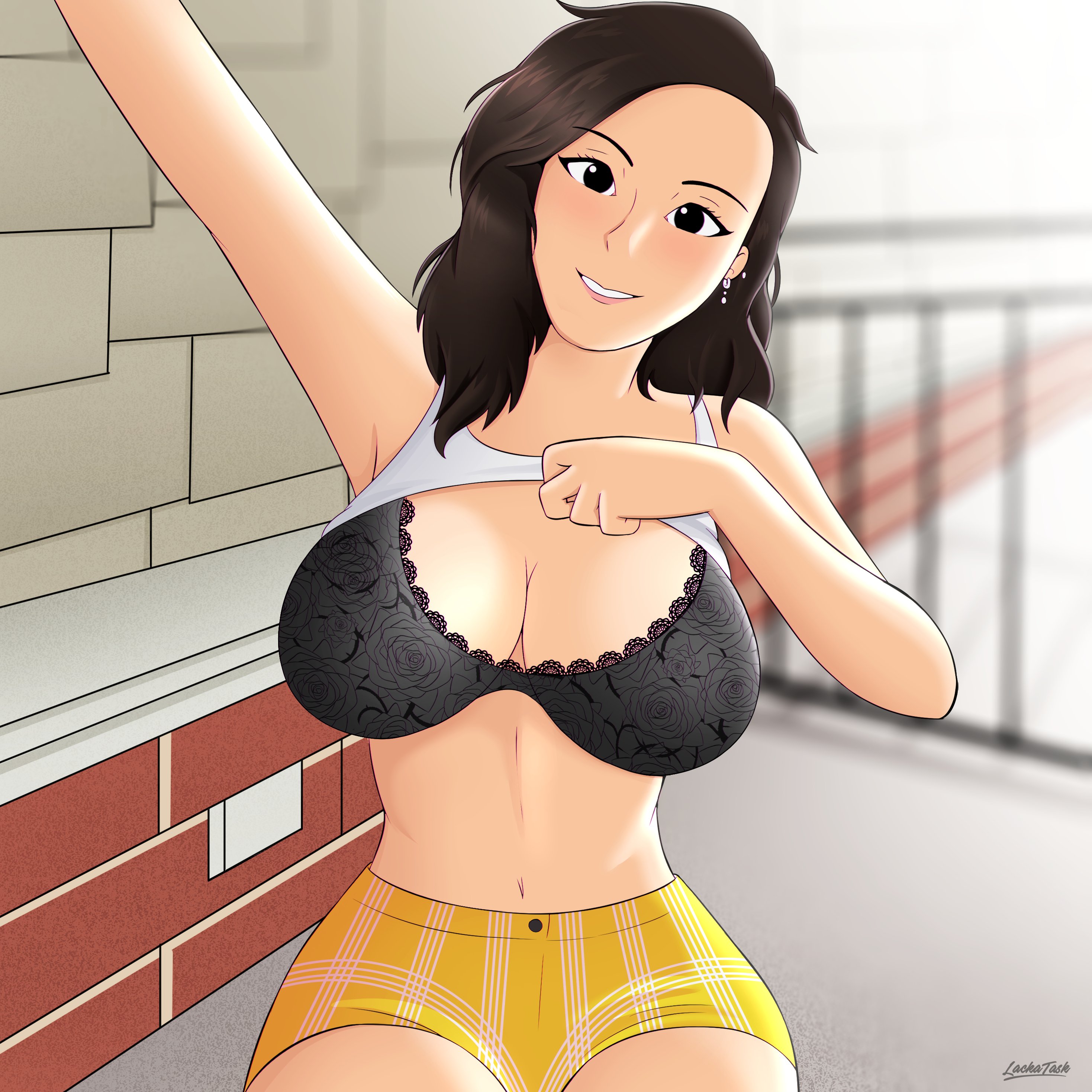 1girls, abigail shapiro, arm up, armpits, artist name, big breasts, black bra, black eyes, bra, breasts, brown eyes, brown hair, brunette, busty, celebrity, cleavage, clothing, curvy, earrings, eyebrows visible through hair, eyelashes, female, female only, flashing, fully clothed, highres, huge breasts, influencer, internet celebrity, jewish, jewish female, lackatask, large breasts, lifted by self, light-skinned female, lips, long hair, looking at viewer, navel, original, politics, presenting, presenting breasts, real person, sexually suggestive, shorts, signature, sitting, smile, smiling, solo, tank top, tank top lift, teeth, voluptuous, white tank top, wide hips, yellow shorts
