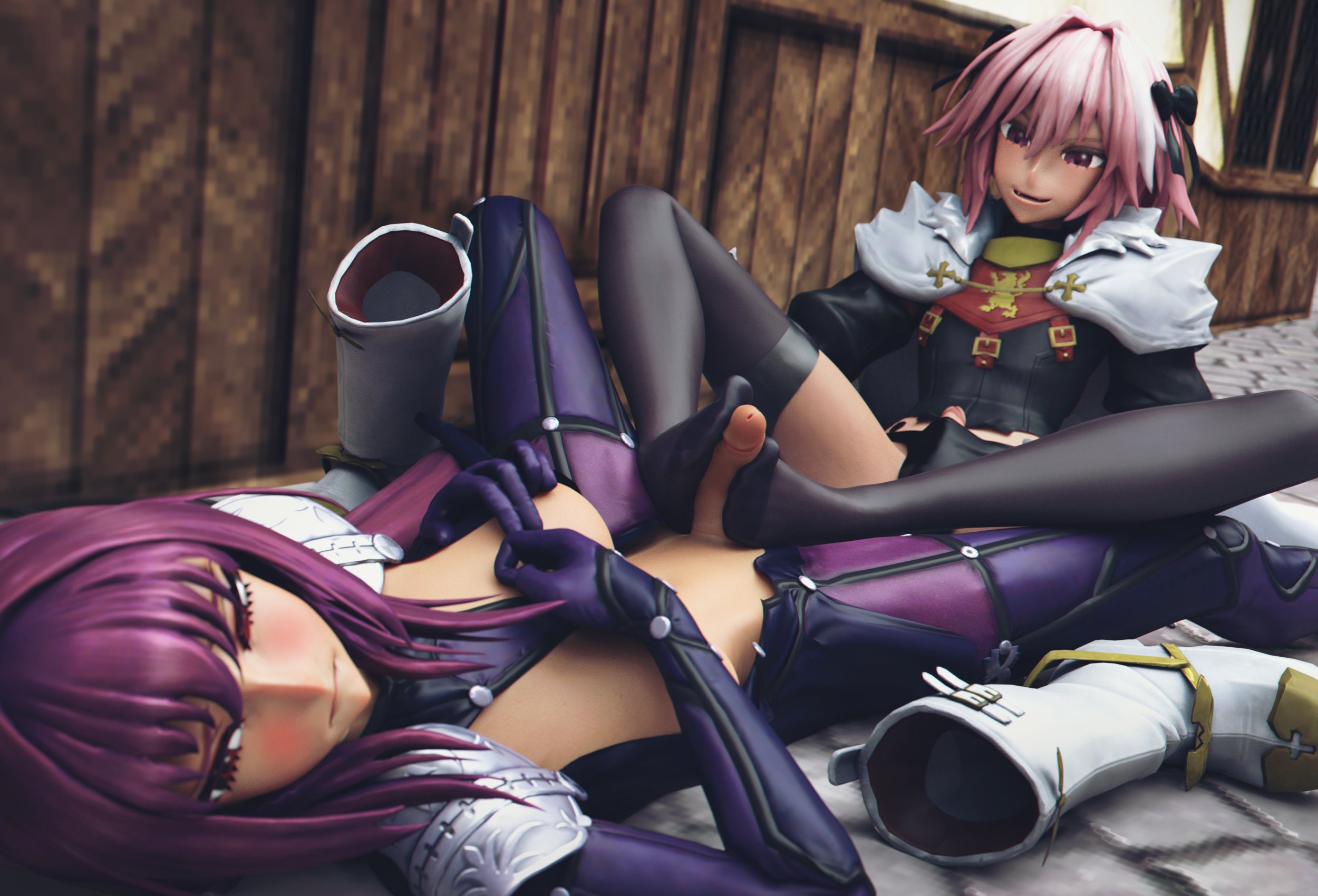 1boy, 1futa, 3d, astolfo (fate), boots removed, dawadd, erection, fate (series), fate/apocrypha, fate/grand order, feet, femboy, foot fetish, footjob, footjob with legwear, futanari, girly, intersex, male, male on futa, penis, scathach (fate), thighhighs, toes, trap