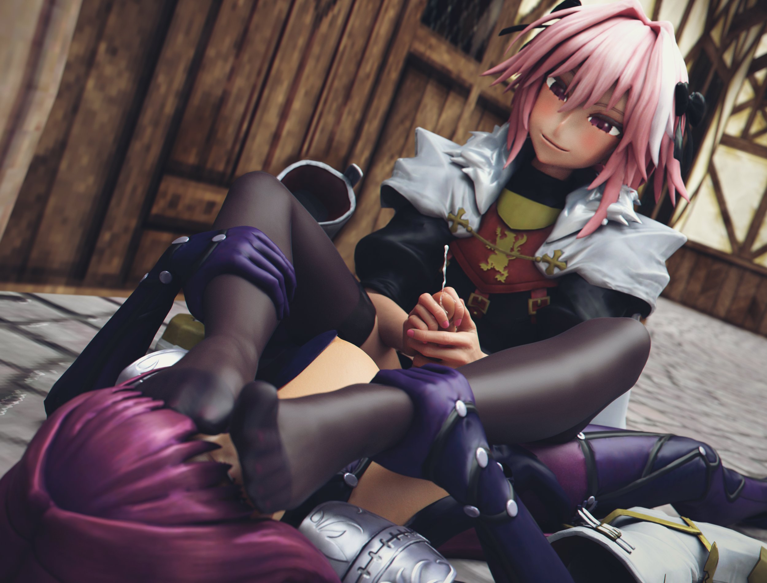 1boy, 1futa, 3d, astolfo (fate), cum, cumshot, dawadd, erection, fate (series), fate/apocrypha, fate/grand order, feet, feet on face, femboy, foot fetish, futanari, girly, handjob, intersex, male, male on futa, penis, scathach (fate), toes, trap
