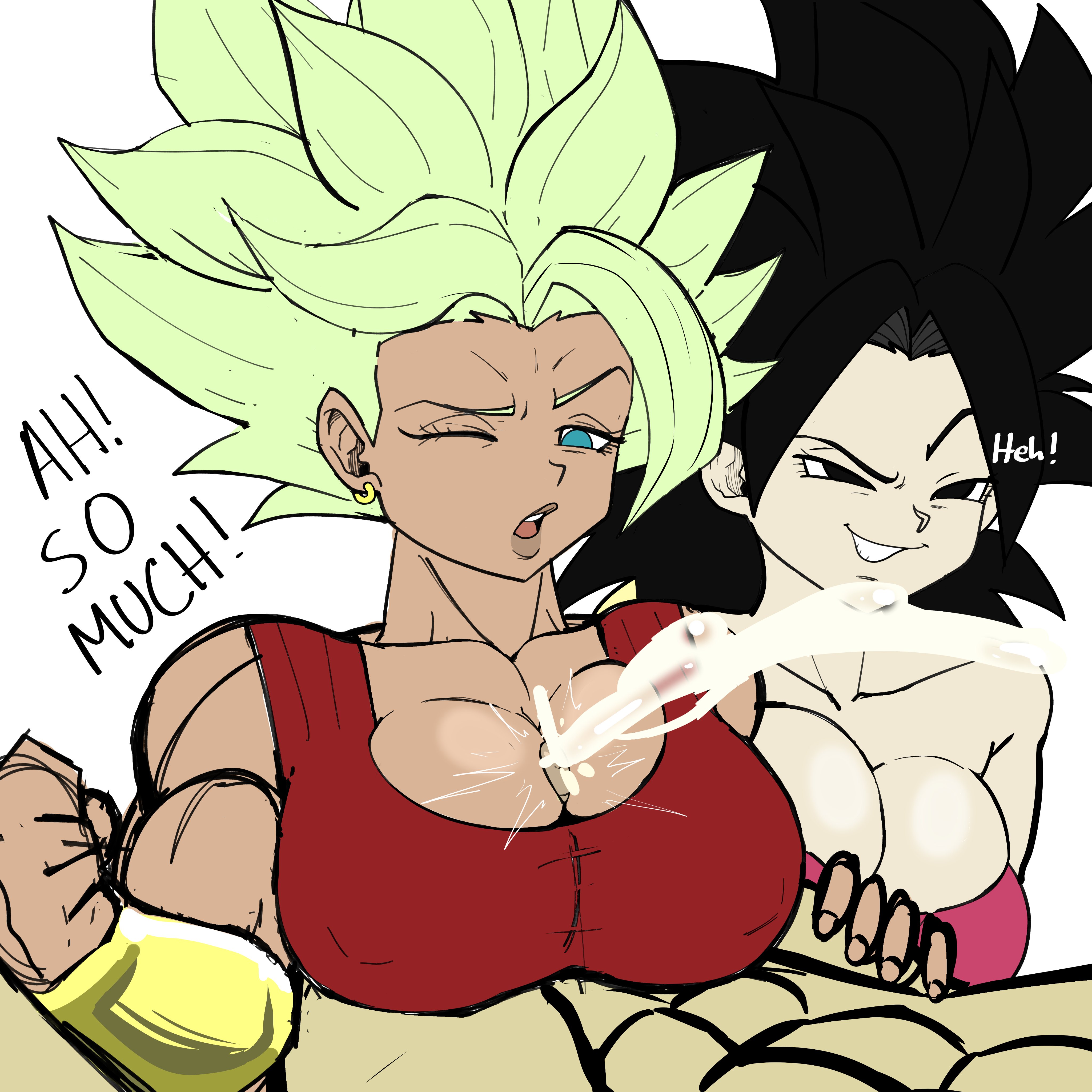 1boy, 2girls, alternate costume, big breasts, breasts, breasts bigger than head, caulifla, cum between breasts, dark skin, dark-skinned female, dragon ball, dragon ball super, ejaculation between breasts, female, green hair, huge breasts, kale, kale (berserker), large breasts, legendary super saiyan, light skin, light-skinned female, male, male/female, moaning, multiple females, multiple girls, muscular, muscular female, naughty face, nipples, orgasm, paizuri, pseudocel, rough sex, saiyan, seductive, seductive smile, short hair, smile, spiky hair, straight, super saiyan, super saiyan 2, threesome, titfuck, titjob, tomboy, universe 6 saiyan/universe 7 saiyan, universe 6/universe 7