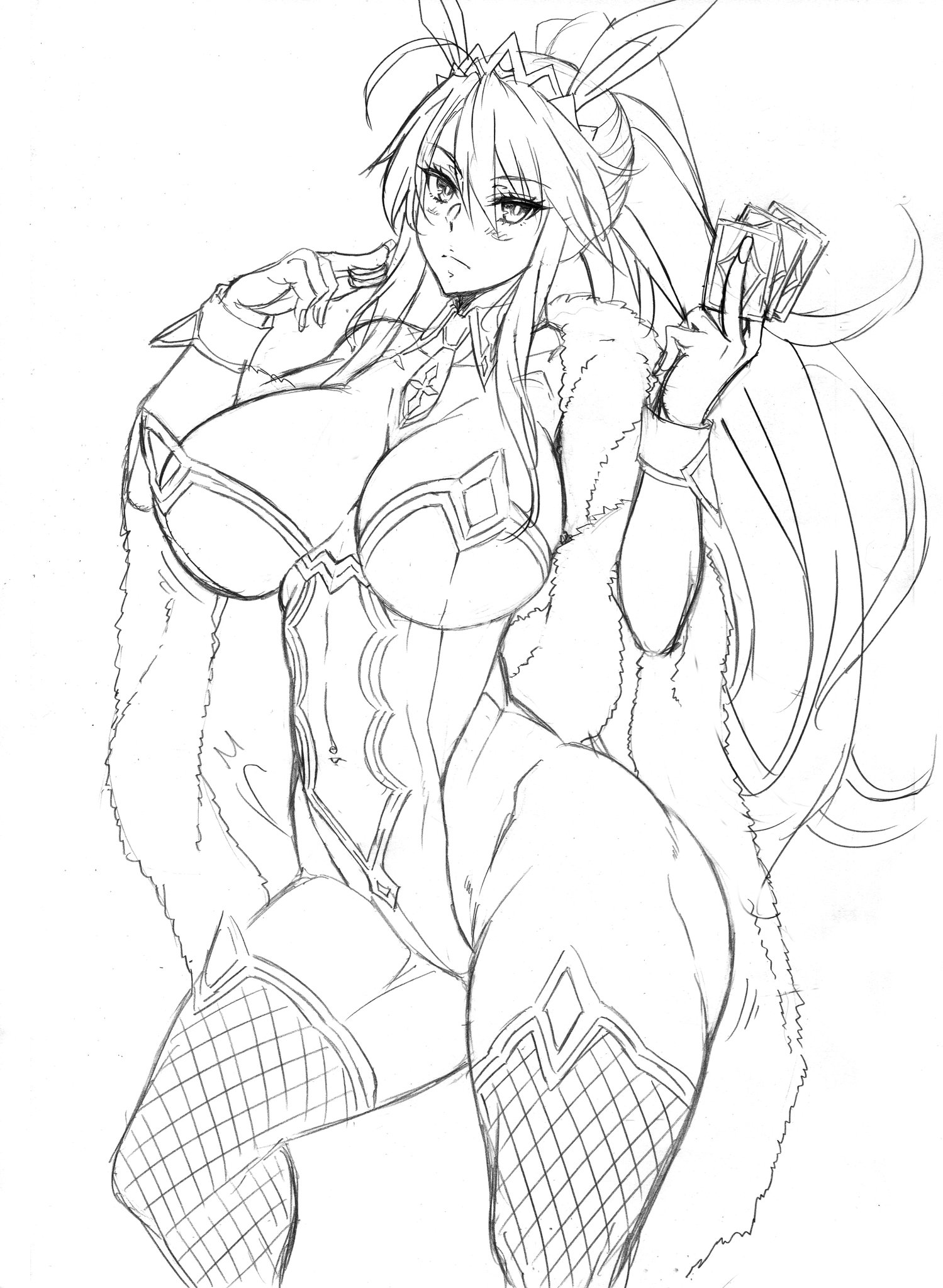ando hiroyuki, artoria pendragon, artoria pendragon (swimsuit ruler), breasts, bunny ears, bunny girl, bunnysuit, curvy, fate (series), fate/grand order, female, huge breasts, large breasts, leotard, looking at viewer, ponytail, thick thighs, thighhighs
