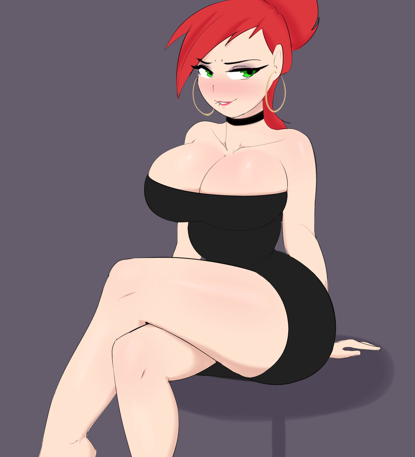 1girls, 2020, 2d, 2d (artwork), balls, bedroom eyes, big breasts, biting lip, black dress, breasts, cartoon network, choker, cleavage, clothed, clothing, color, crossed legs, dress, earrings, female, female only, foster's home for imaginary friends, frankie foster, fully clothed, g3mma, green eyes, hoop earrings, huge breasts, human, human only, indigo background, large breasts, lipstick, male, pale, pale skin, pale-skinned female, ponytail, questionable, realistic breast size, red hair, simple background, sitting, smile, solo, solo female, strapless dress, testicles, thick thighs, thighs