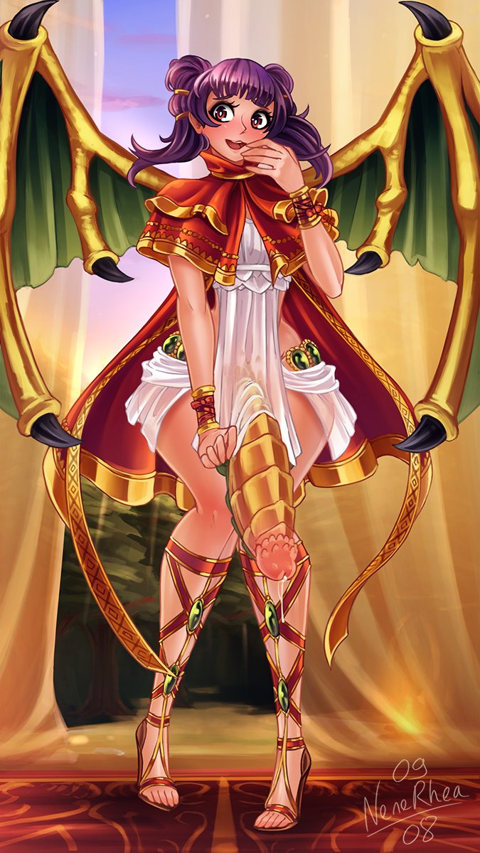 1futa animal_genitalia_on_humanoid big_penis clothing dragon_girl dragon_penis dragon_penis_on_humanoid dragon_wings embarrassed fire_emblem fire_emblem:_the_sacred_stones full-package_futanari futa_only futanari high_heels looking_to_the_side monster_cock myrrh_(fire_emblem) nenerhea nintendo open_toe_shoes precum_drip purple_hair scaled_penis small_breasts solo