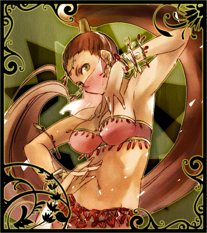 1girls amber_eyes arabian_clothes armpits belly belly_dancer belly_dancer_outfit brown_hair cleavage clothing dancer dancer_outfit dancing emamu female harem_outfit karen_(suikoden) long_hair looking_at_viewer medium_breasts ponytail sugikiyu suikoden tanned tanned_skin veil