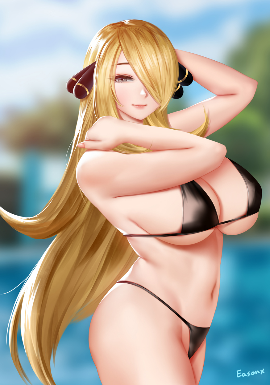 1girls bikini blonde_hair breasts cleavage cynthia_(pokemon) easonx female female_only hair_over_one_eye large_breasts long_hair looking_at_viewer navel nintendo panties pokemon pokemon_dppt solo