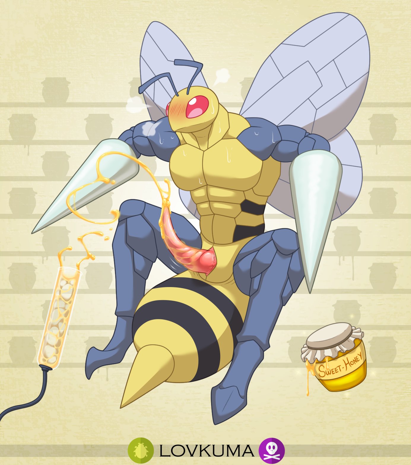 2020 animal_genitalia anthro arthropod beedrill bodily_fluids cum cumshot digital_media_(artwork) ejaculation erection flying genital_fluids genital_slit genitals hi_res honey insect_wings insects lovkuma male muscular muscular_anthro muscular_male nintendo penile penis penis_milking pokémon_(species) pokemon red_eyes simple_background slit solo_male spread_legs spreading tapering_penis video_games wings