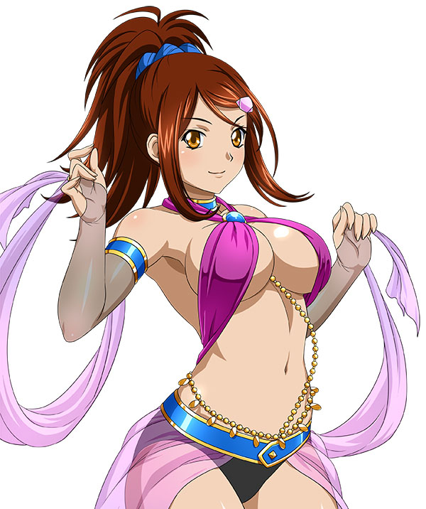 1girls amber_eyes arabian_clothes artist_request bachou_mouki belly belly_dancer belly_dancer_outfit belt bocas_top bridal_gauntlets brown_hair brunette dancer dancer_outfit female fingerless_gloves harem_outfit hazel_eyes high_ponytail ikkitousen jewelry jewelry_chains large_breasts looking_at_viewer navel ponytail underboob