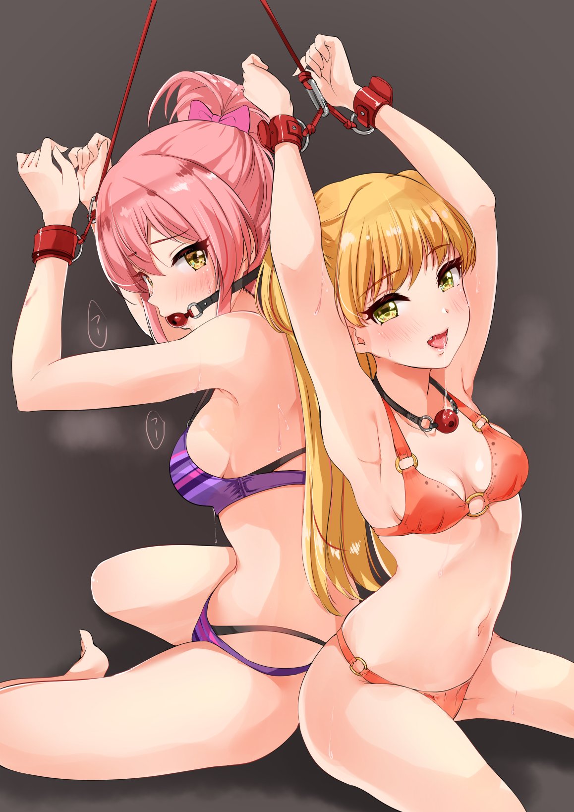 2girls age_difference armpits arms_above_head ball_gag bikini blonde_hair bondage breasts brown_eyes clavicle cleavage clothing cuffs eyebrows_visible_through_hair female female_only femsub gag gag_around_neck gag_bondage green_eyes idolmaster idolmaster_cinderella_girls jougasaki_mika jougasaki_rika looking_at_viewer medium_breasts mikarika multiple_girls multiple_subs murabito_c navel no_socks open_mouth pink_hair purple_bikini restrained restrained_wrists siblings simple_background sisters small_breasts smile swimsuit twintails wrist_cuffs yellow_eyes