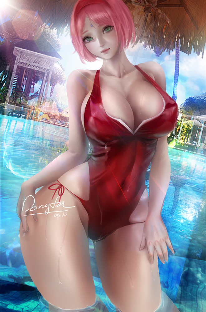 1girls big_breasts bikini boruto:_naruto_next_generations breasts cleavage donyta facial_mark female female_only forehead_mark green_eyes hairband looking_at_viewer naruto naruto_(series) partially_submerged pink_hair pool sakura_haruno solo swimsuit water wet wet_body wide_hips