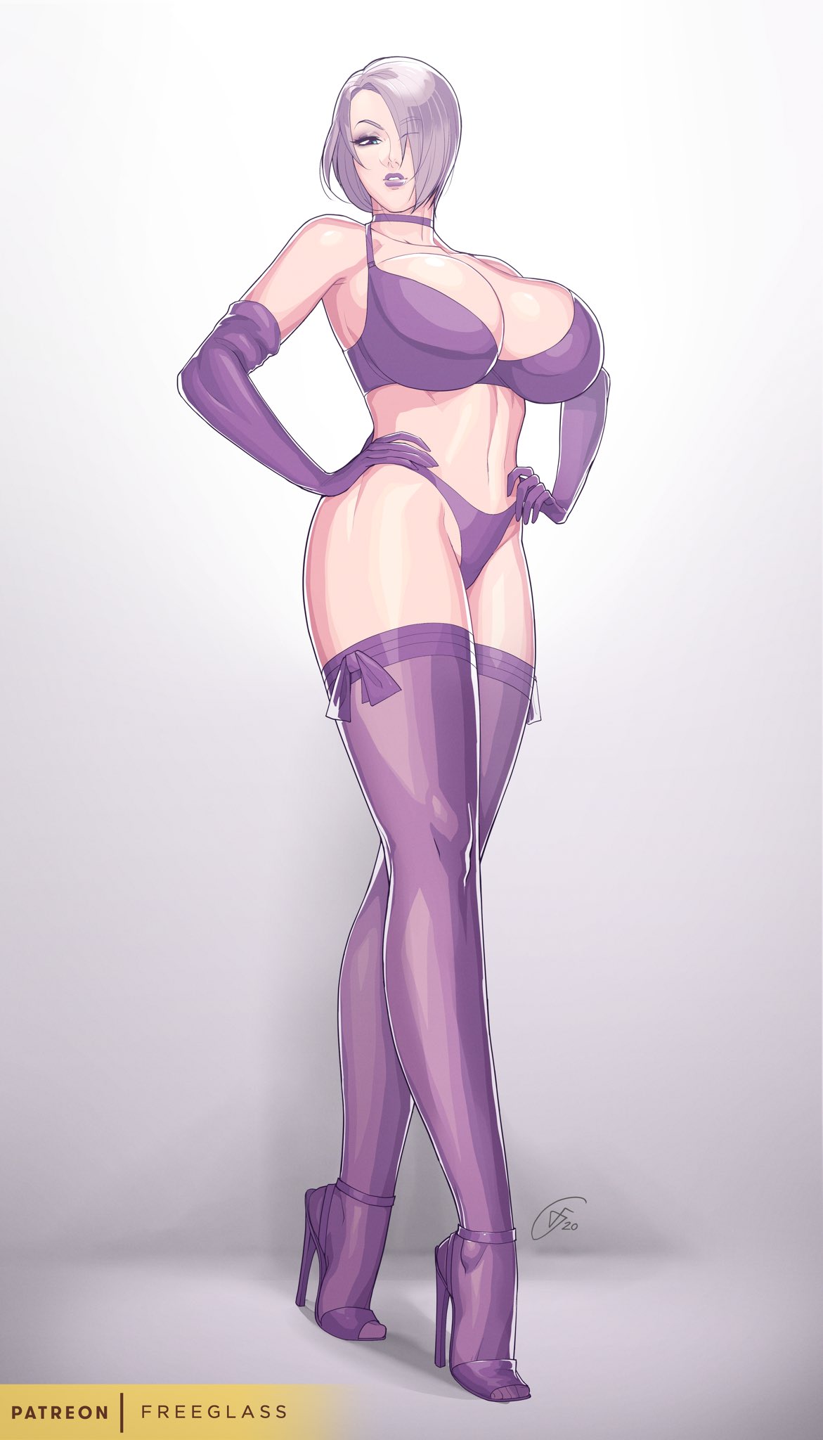 1girls, big breasts, blue eyes, breasts, choker, cleavage, female, female only, freeglass, hair over one eye, heels, high heels, isabella valentine, large breasts, lingerie, mature female, purple eyes, purple lingerie, purple stockings, short hair, solo, soul calibur, stockings, tall female, very high heels, white hair