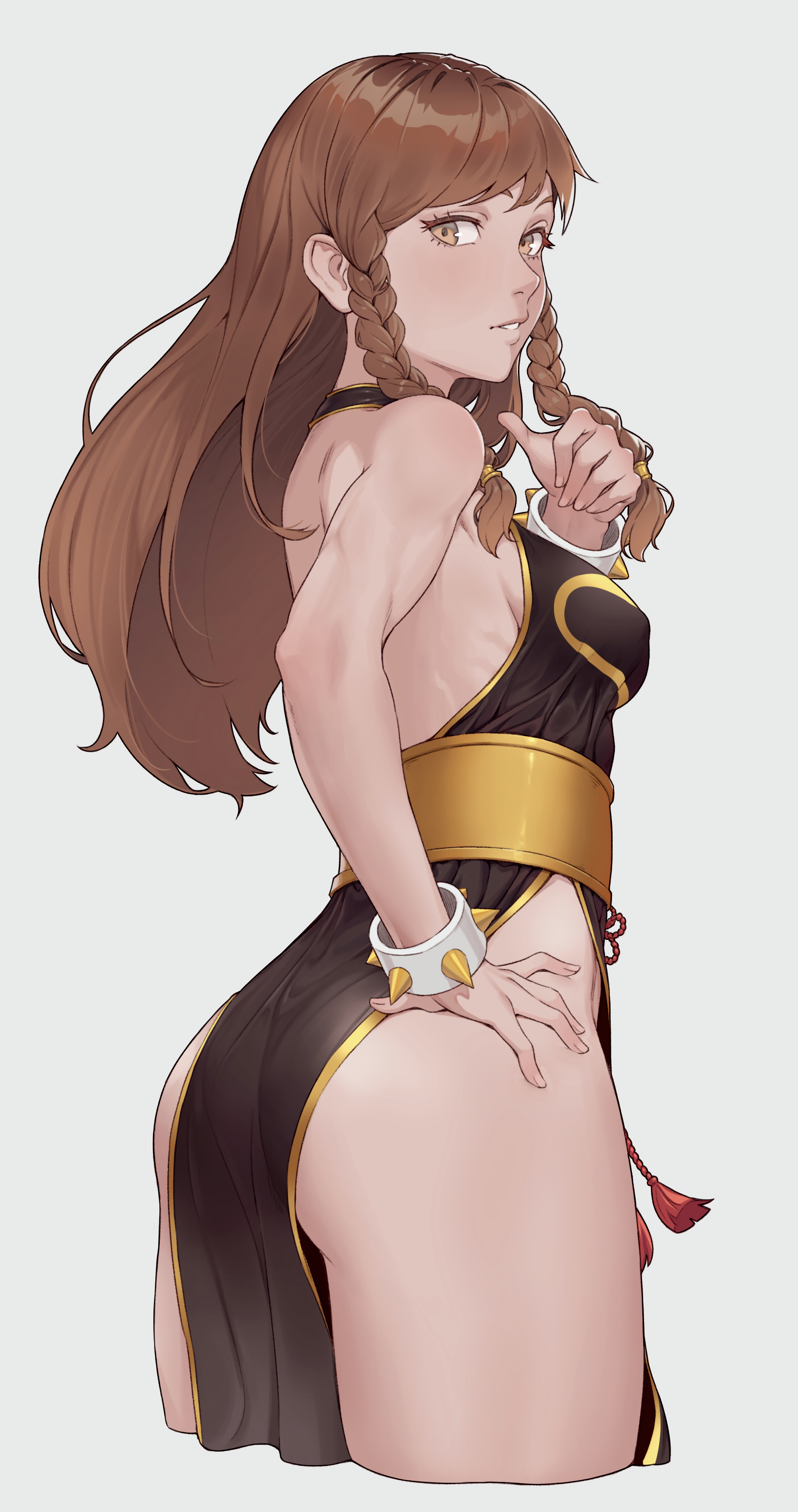 absurdres, alternate costume, alternate hairstyle, ass, bare hips, big ass, black clothing, braid, braided hair, breasts, brown eyes, brown hair, cheshirrr, chinese clothes, chun-li, chun-li (battle ouffit sfv), female, hand on ass, highres, large breasts, looking at viewer, street fighter
