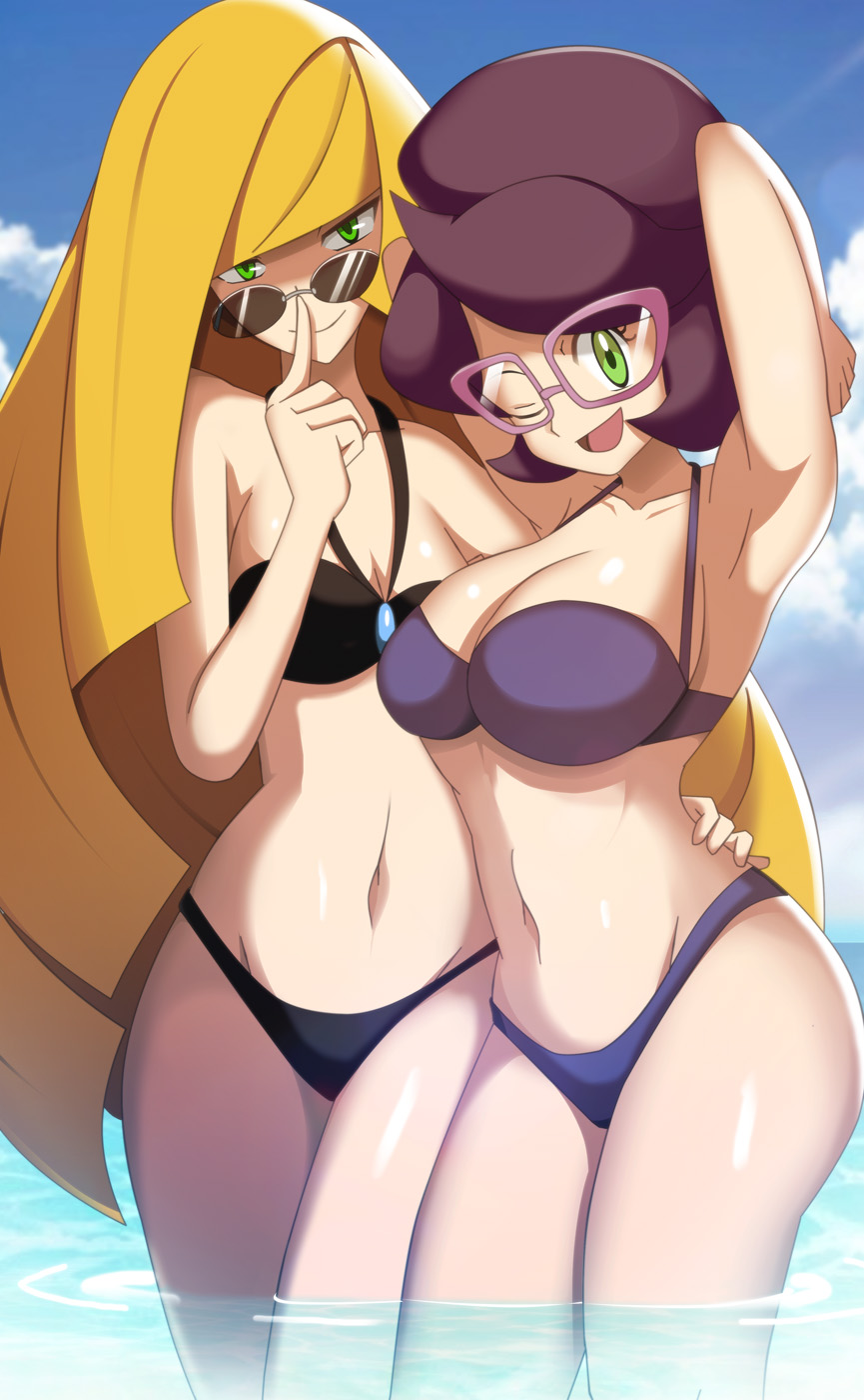 2girls adjusting_eyewear adjusting_glasses armpits big_breasts blonde_hair breasts female female_only glasses green_eyes human long_hair looking_over_eyewear looking_over_glasses lusamine_(pokemon) medium_hair nintendo one_eye_closed pokemon pokemon_sm purple_hair sunglasses swimsuit thighs tinted_eyewear vivivoovoo wicke_(pokemon)