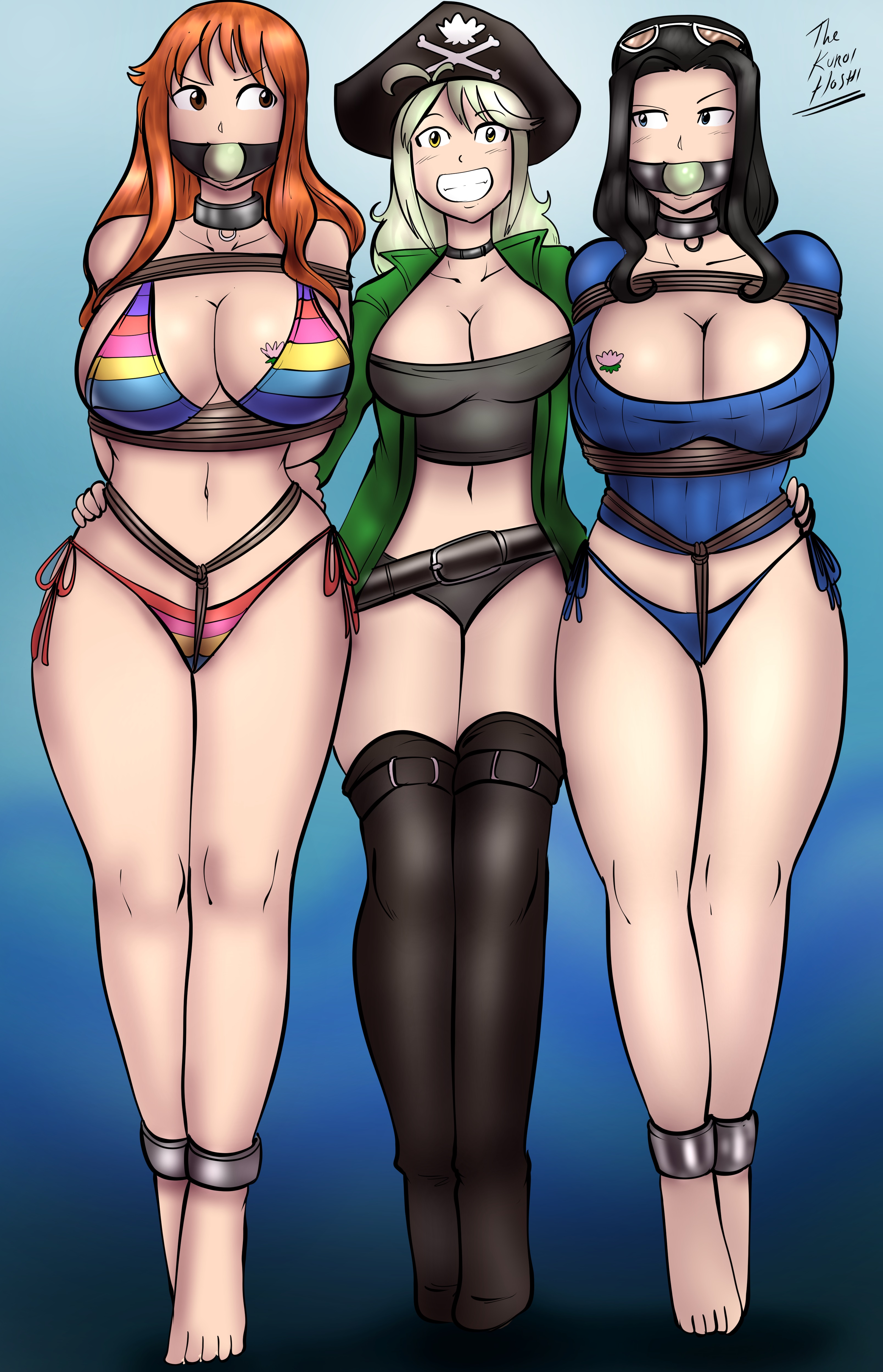 3girls, arms behind back, ball gag, barefoot, big breasts, big smile, bikini, bikini bottom, bondage, bound, bound ankles, bound arms, breasts, busty, cleavage, collar, crotch rope, dakuroihoshi, drawing, female, female only, femdom, femsub, fenrilhuayra, gag, gagged, hand on another's hip, large breasts, multicolored bikini, multiple females, multiple girls, multiple subs, nami (one piece), nico robin, one piece, one piece film z, original character, pirate, pirate hat, rainbow bikini, restrained, rope, rope bondage, side-tie bikini, sidelocks, sweater, swimsuit, tagme, thick thighs, tied up, yuri