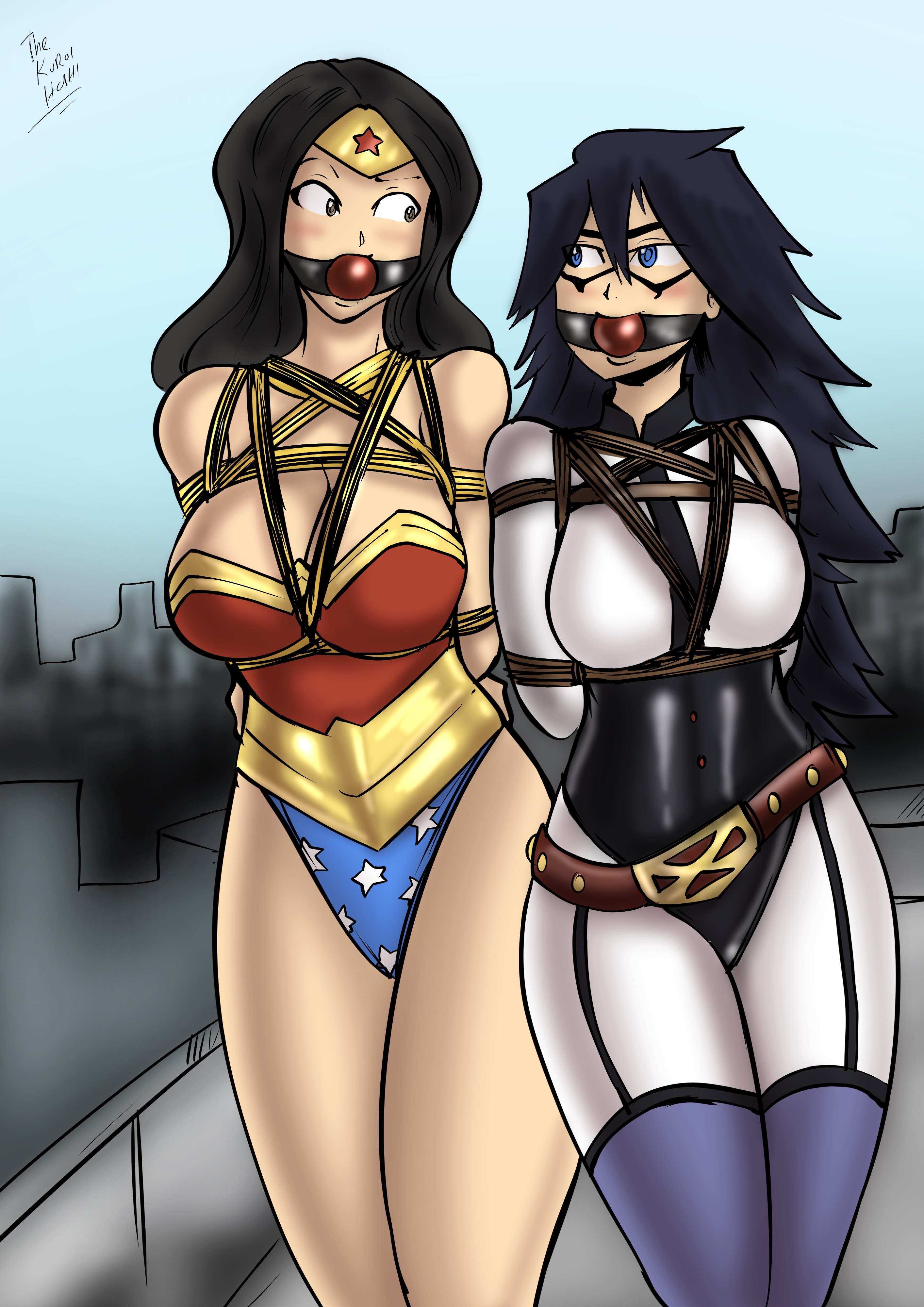 arms behind back, ball gag, bdsm gear, bondage, breasts, dakuroihoshi, dc, dc comics, drawing, female, femsub, fenrilhuayra, gag, gagged, lasso of truth, mask, midnight (my hero academia), multiple females, multiple girls, multiple subs, my hero academia, nemuri kayama, rope, tiara, tied up, wonder woman, wonder woman (series)
