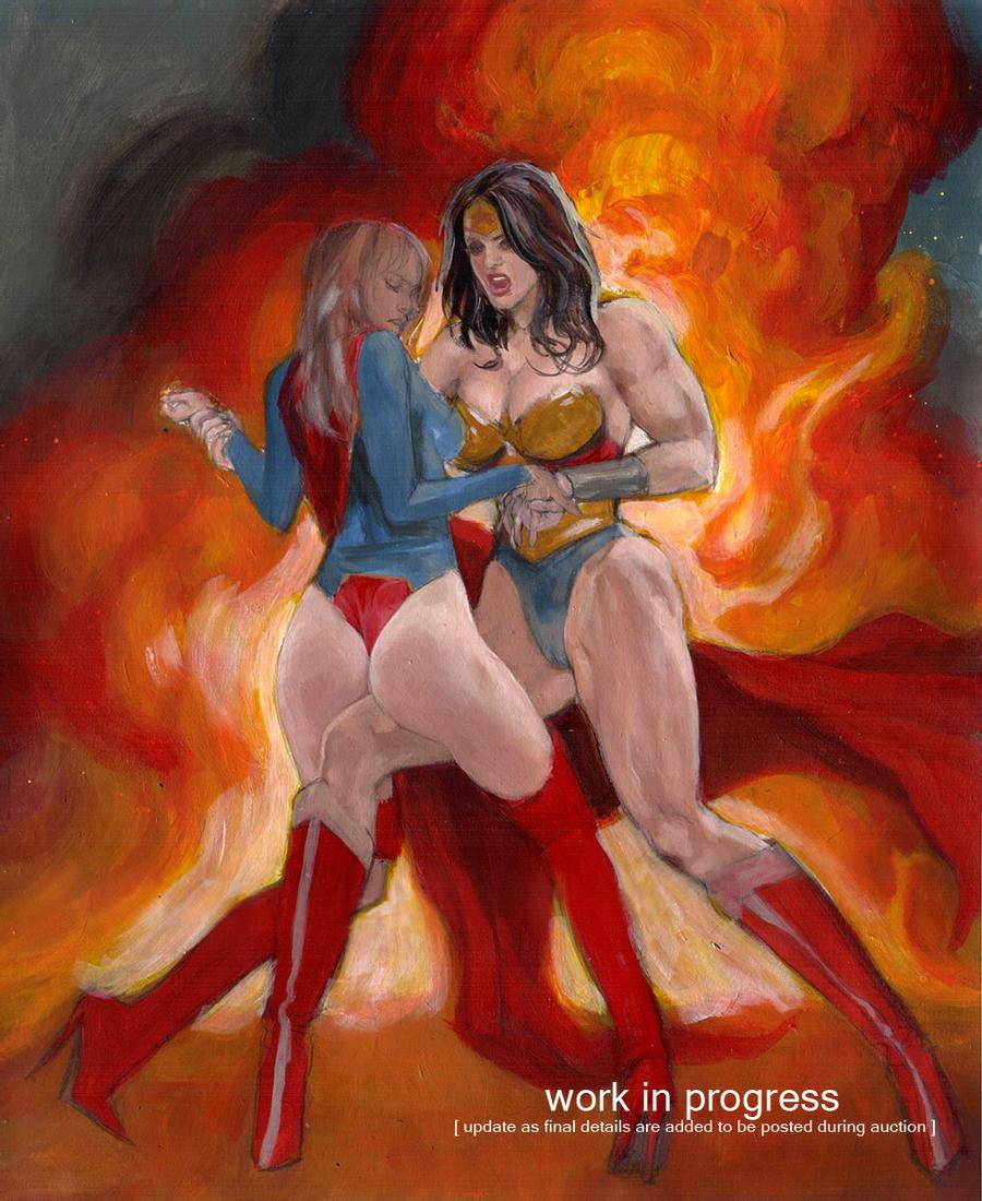 black_hair blonde_hair blue_eyes boots bracelet bubble_butt cape catfight cleavage dc dc_comics diana_prince fight fire fit fit_female kara_zor-el kneeing large_breasts long_boots long_hair mark_beachum ryona supergirl superman_(series) synthetikxs thick_thighs tiara wedgie wonder_woman wonder_woman_(series) yuri