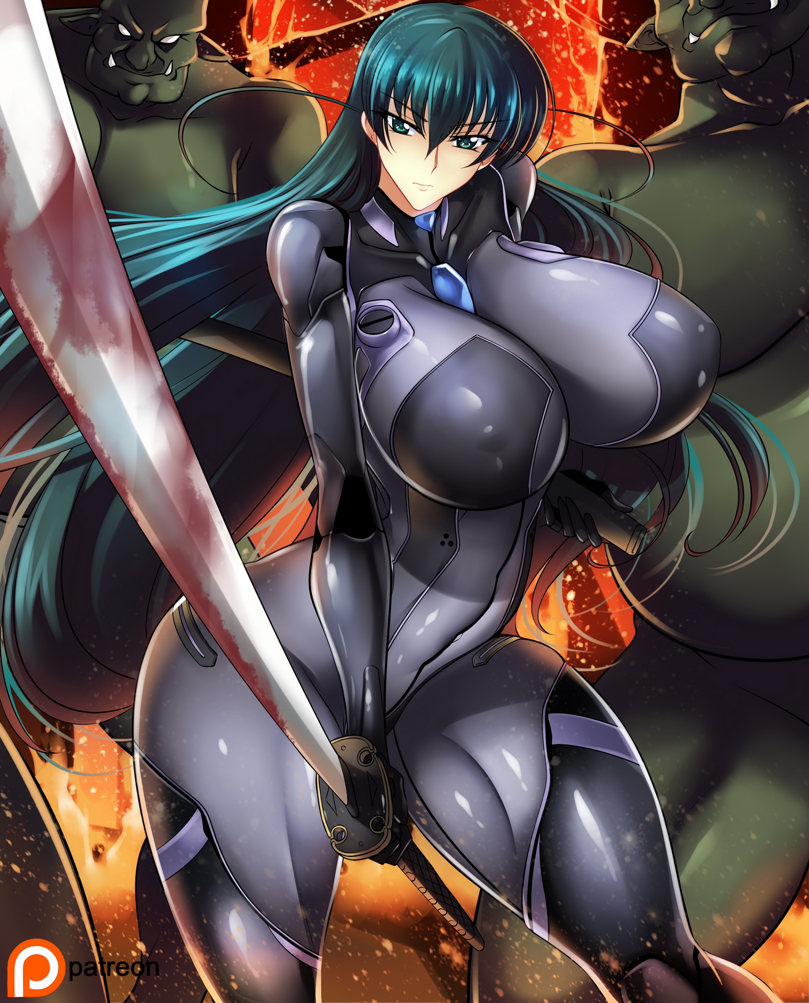 blood, blue hair, bodysuit, breasts, curvy, female, green eyes, haganef, huge breasts, human female, igawa asagi, katana, kunoichi, light skin, light-skinned female, lilith-soft, looking at viewer, male, ninja, nipple bulge, orc, orc male, skin tight, standing, sword, tagme, taimanin (series), taimanin asagi, thick thighs, very long hair