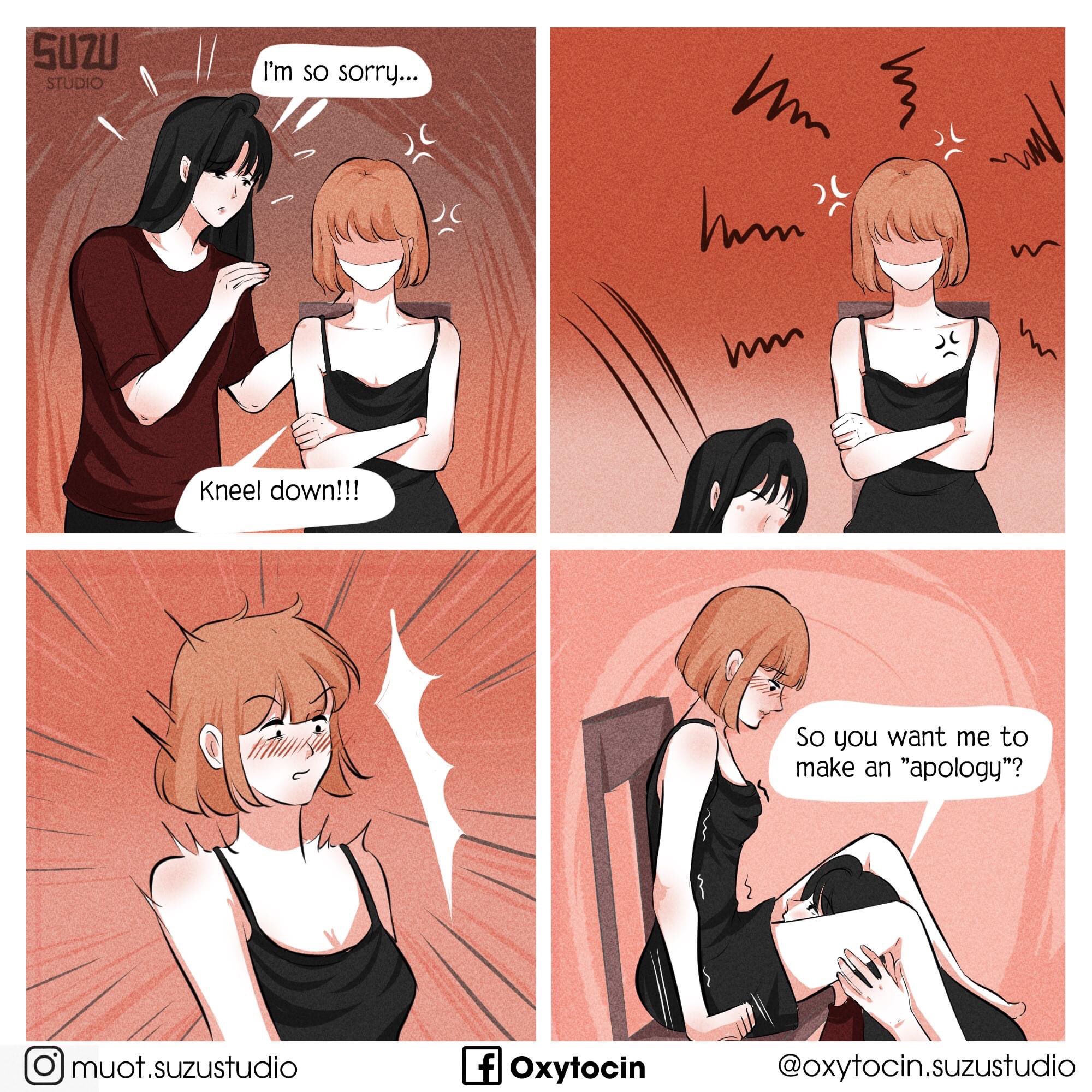 2girls, barefoot, black eyes, black hair, blush, blushing, clothed, clothed female, comic, cunnilingus, dialogue, eyebrows visible through hair, feet, female, grabbing thighs, head between thighs, hi res, imminent cunnilingus, invitation, long hair, looking at partner, looking down, looking down at partner, looking up, looking up at partner, motion lines, orange hair, oxytocin, short hair, simple background, sitting, sitting on chair, speech bubble, suzu studio, trembling, yuri