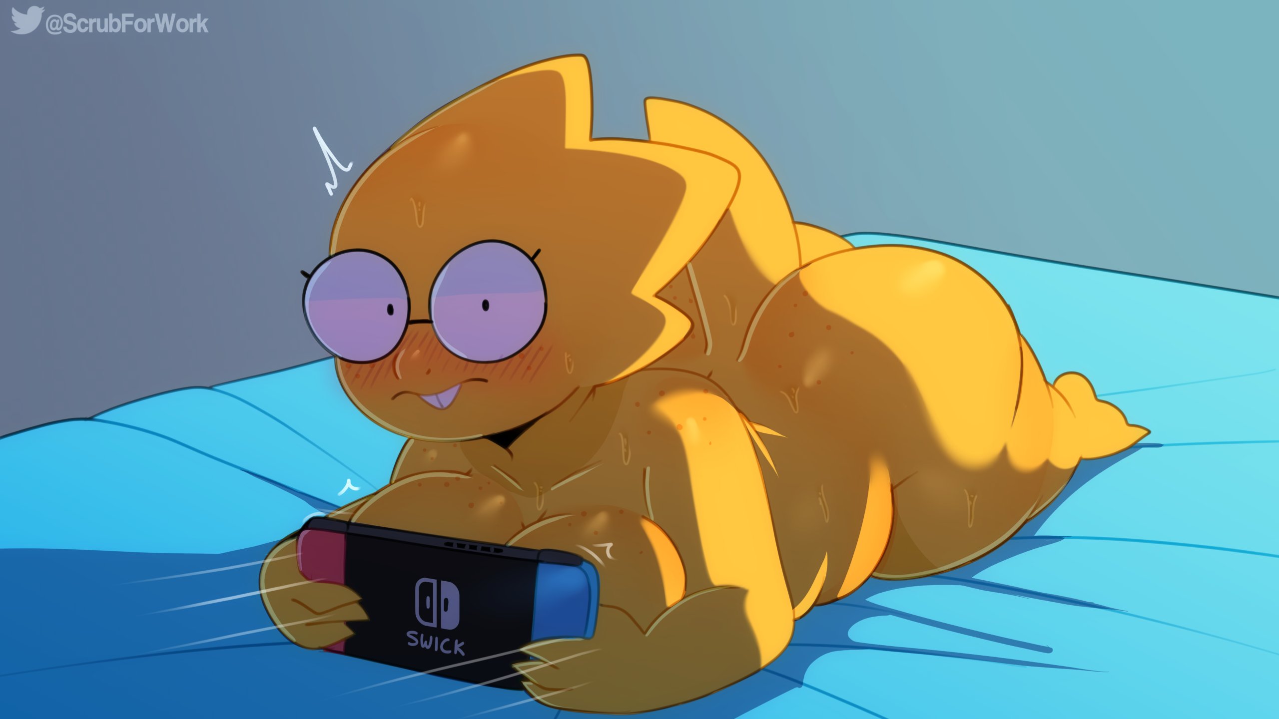 16:9, 1girls, 2020, 2d, 4 fingers, absurd res, alphys, alternate ass size, alternate body type, alternate breast size, anthro, anthro female, anthro only, artist name, artist signature, ass, ass crack, bed, belly, big ass, big breasts, big butt, blush, bodily fluids, breasts, buckteeth, butt crack, casual nudity, caught, chubby, chubby female, completely nude, covering, covering breasts, eyewear, female, female only, front view, furniture, glasses, hi res, humanoid, humanoid female, humanoid only, inside, laying on bed, laying on stomach, lizard, lizard girl, lizard humanoid, lying, lying on stomach, nintendo, nintendo switch, non-mammal breasts, nude, nude female, on bed, on front, reptile, reptile humanoid, scales, scalie, scalie humanoid, shortstack, signature, slightly chubby, solo, somescrub, surprise, sweat, sweating, sweaty, teeth, thick tail, thick thighs, three-quarter view, undertale, undertale (series), wide eyed, wide hips, widescreen, yellow body, yellow scales