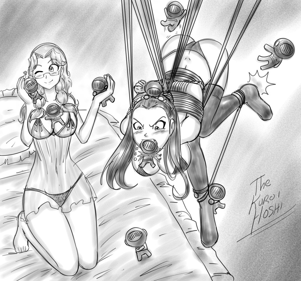 anabel_(oc) arms_behind_back bed black_and_white black_hair bondage dakuroihoshi drawing femsub fenrilhuayra gag gagged glasses headband knight lingerie long_hair nightgown rope size_difference small_dom_big_sub suspended tagme tied_up underwear