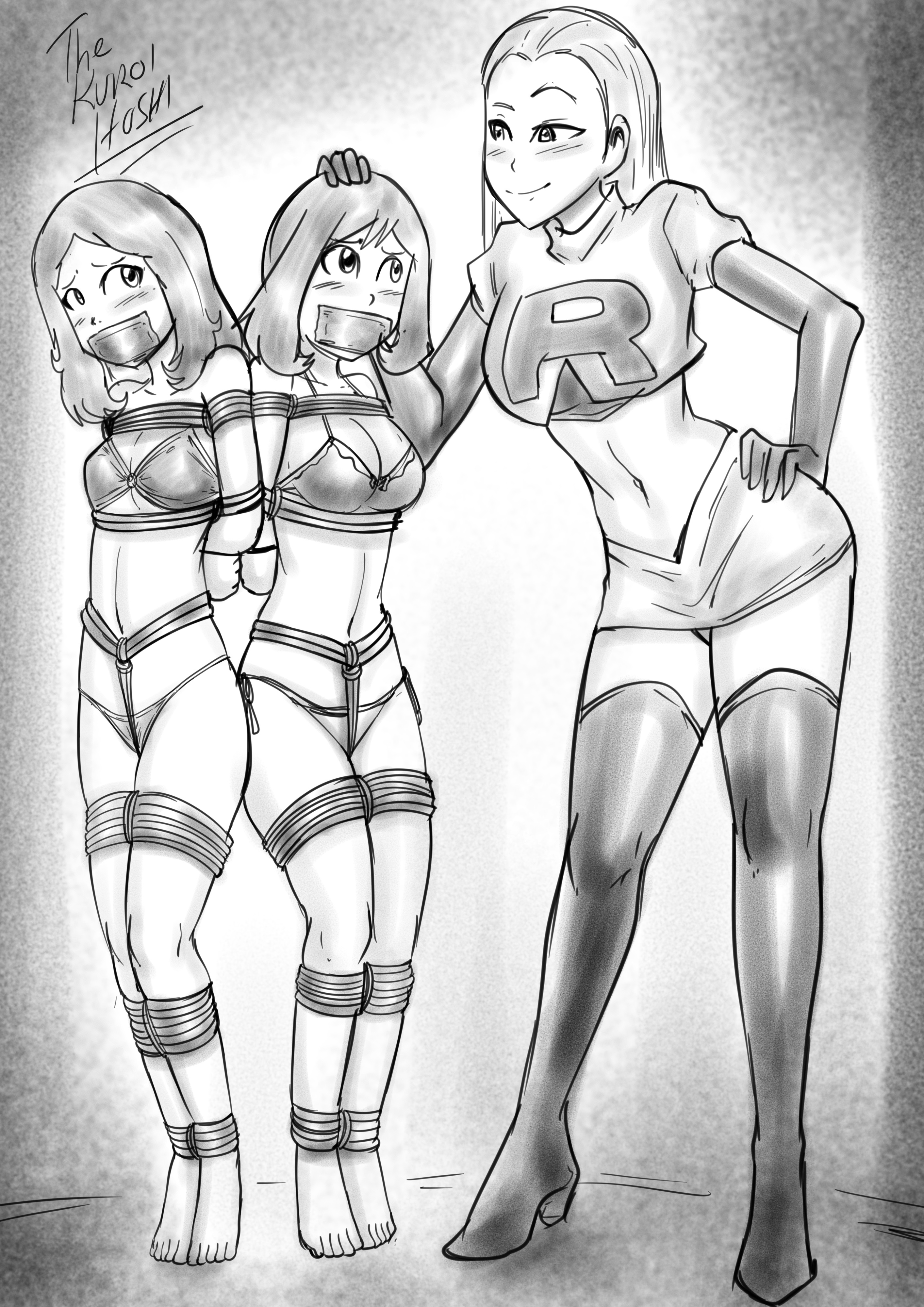 3girls, arms behind back, barefoot, black and white, bondage, bound, bound ankles, bound arms, bound legs, bra, breasts, cleavage, crotch rope, dakuroihoshi, drawing, feet, female, female only, femdom, femsub, fenrilhuayra, gag, gagged, grin, hand on another's head, hand on hip, long boots, long gloves, long hair, may (pokemon), monochrome, multiple females, multiple girls, multiple subs, panties, pokemon, rope, rope bondage, serena (pokemon), tagme, tape, tape gag, taped mouth, team rocket, tied up, underwear, yuri