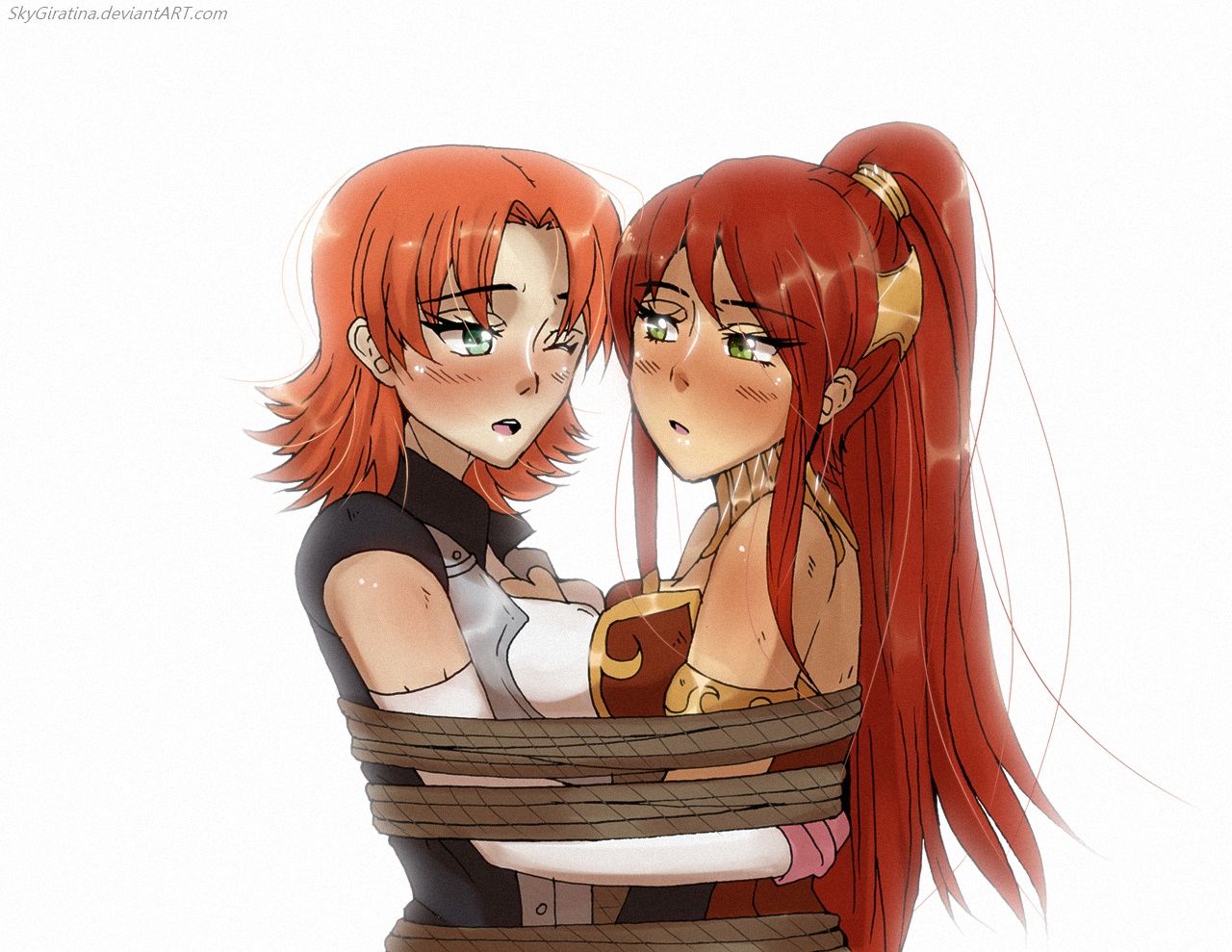 2girls, aqua eyes, armlet, armored corset, blush, bondage, bound together, breast squeeze, breasts, circlet, duo, elbow gloves, female, female only, femsub, gloves, gorget, green eyes, high ponytail, long hair, multiple females, multiple girls, multiple subs, nora, nora valkyrie, orange hair, ponytail, pyrrha nikos, red hair, rope, rwby, sexual tension, shiny hair, shiny skin, short hair, tied together, white background, yuri