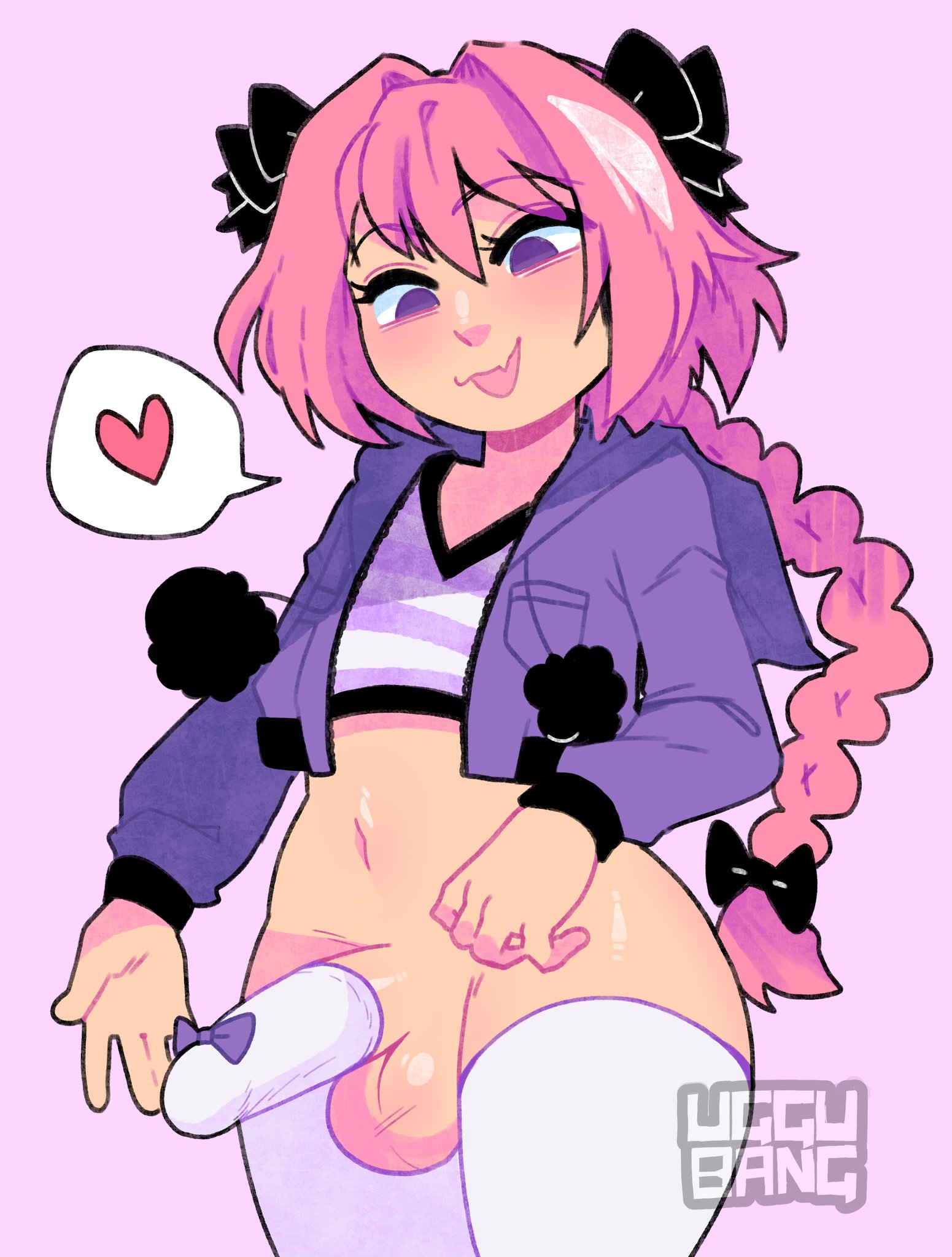 :p, 1boy, androgynous, astolfo (fate), balls, big penis, blush, bottomless, braided hair, covered penis, fate (series), fate/grand order, femboy, girly, hair ribbon, legwear, light skin, light-skinned male, long hair, male, male focus, male only, pale skin, pale-skinned male, penis, pink background, pink hair, purple eyes, solo, spoken heart, testicles, thick thighs, thighs, trap, uggu bang, watermark, white legwear, wide hips