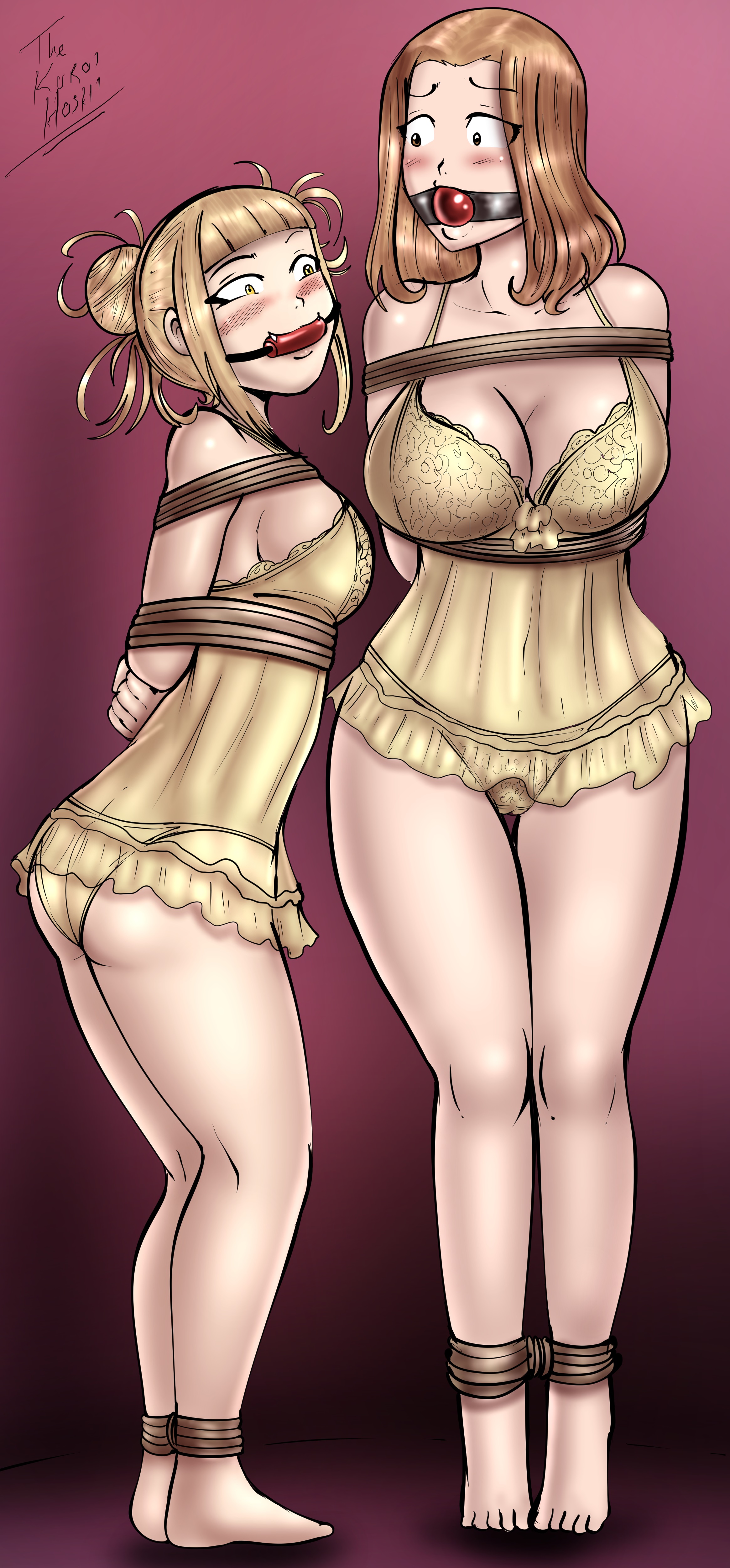 2girls, arms behind back, ball gag, big breasts, bit gag, blonde hair, blonde-haired female, bondage, breasts, camie utsushimi, dakuroihoshi, drawing, female, femsub, fenrilhuayra, gag, gagged, himiko toga, lingerie, looking at another, multiple females, multiple girls, multiple subs, my hero academia, nightgown, pigtails, rope, tagme, thick thighs, tied up, worried