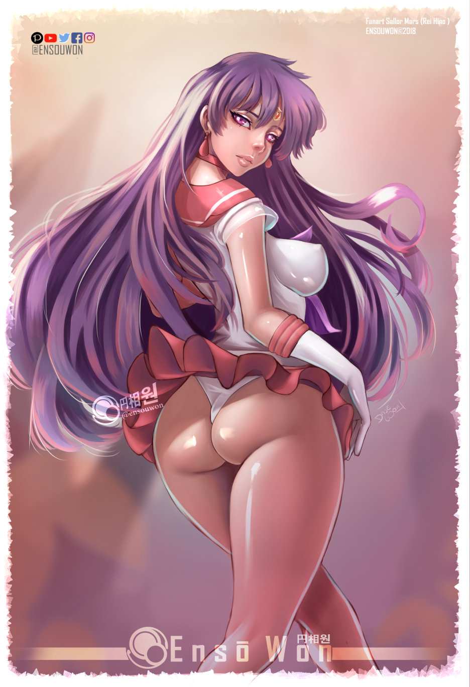 2018 ass bishoujo_senshi_sailor_moon black_hair bubble_butt clothing earrings ensouwon gloves large_breasts long_hair looking_at_viewer looking_back looking_over_shoulder purple_eyes rei_hino sailor_mars skirt small_breasts tiara tight_clothing upskirt voluptuous