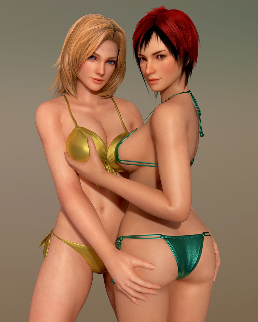 2girls, 3d, belly, bikini, black hair, blonde hair, blue eyes, breasts, cleavage, dead or alive, female, female only, hand on breast, hands on ass, hazel eyes, large breasts, looking at viewer, mila (doa), multicolored hair, radianteld, red hair, tina armstrong, voluptuous, yuri