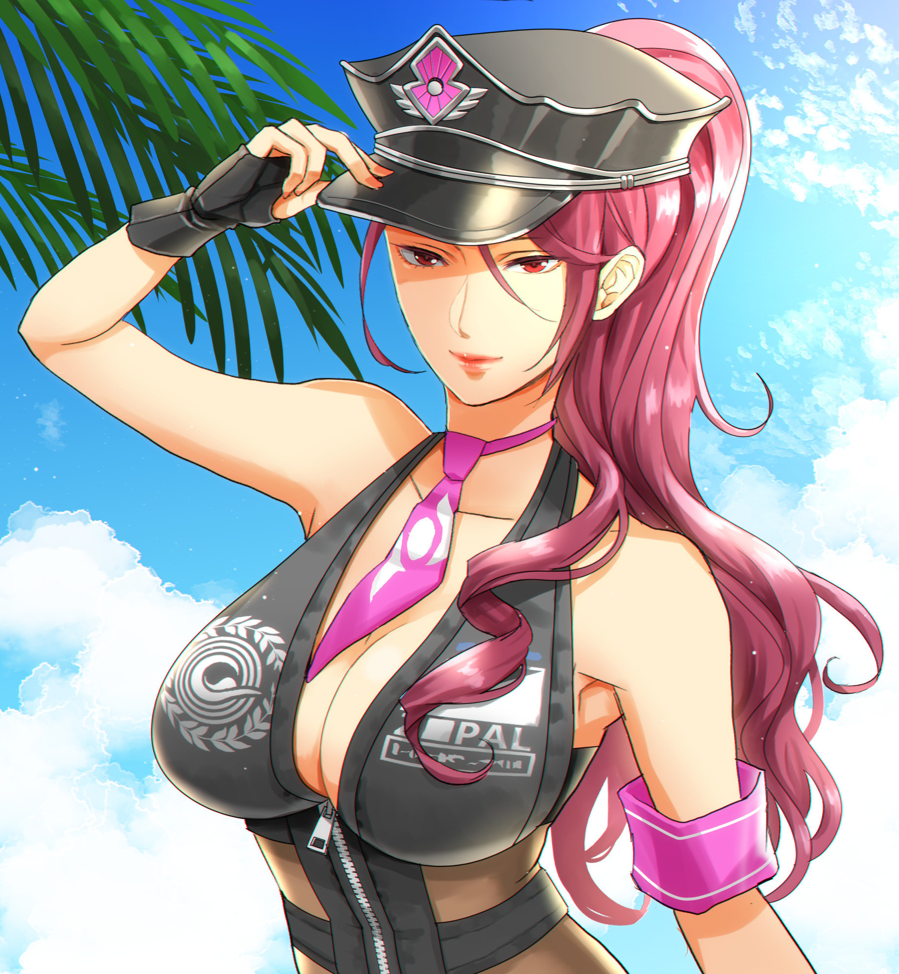 1girls, alternate hairstyle, big breasts, breasts, cosplay, dan (toupe), fate (series), fate/grand order, female, female only, fingerless gloves, gloves, hat, huge breasts, large breasts, long hair, megami tensei, mitsuru kirijo, persona, persona 3, police, police uniform, ponytail, red eyes, red hair, sesshouin kiara (swimsuit mooncancer) (cosplay), sky, voice actor connection